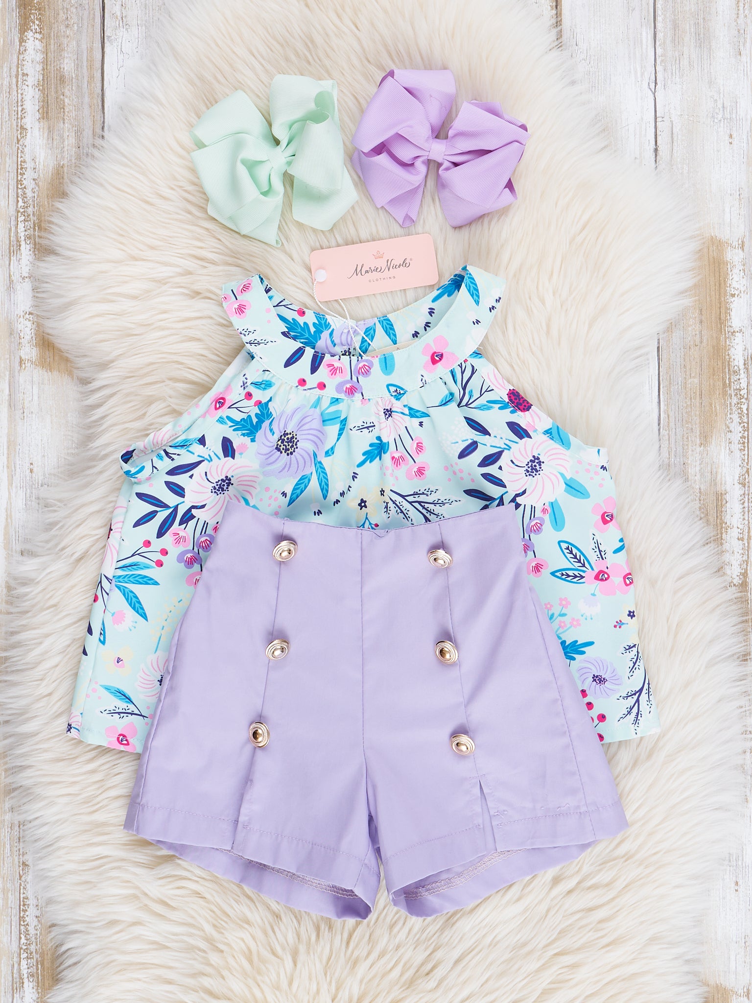 Lavender & Blue Floral Sailor Shorts Outfit - Marie Nicole Clothing