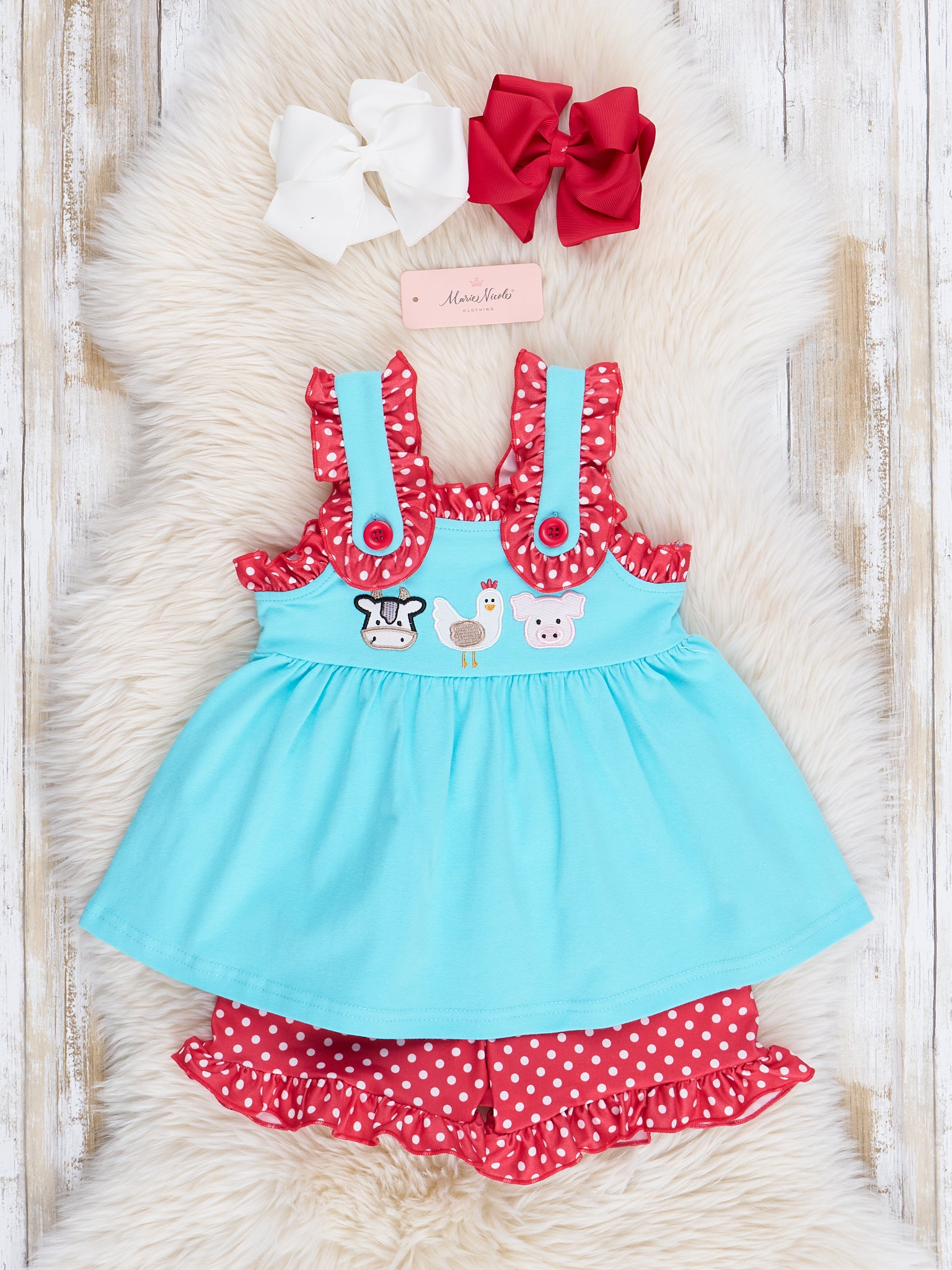 Turquoise Embroidered Farm Friends Ruffle Outfit - Marie Nicole Clothing