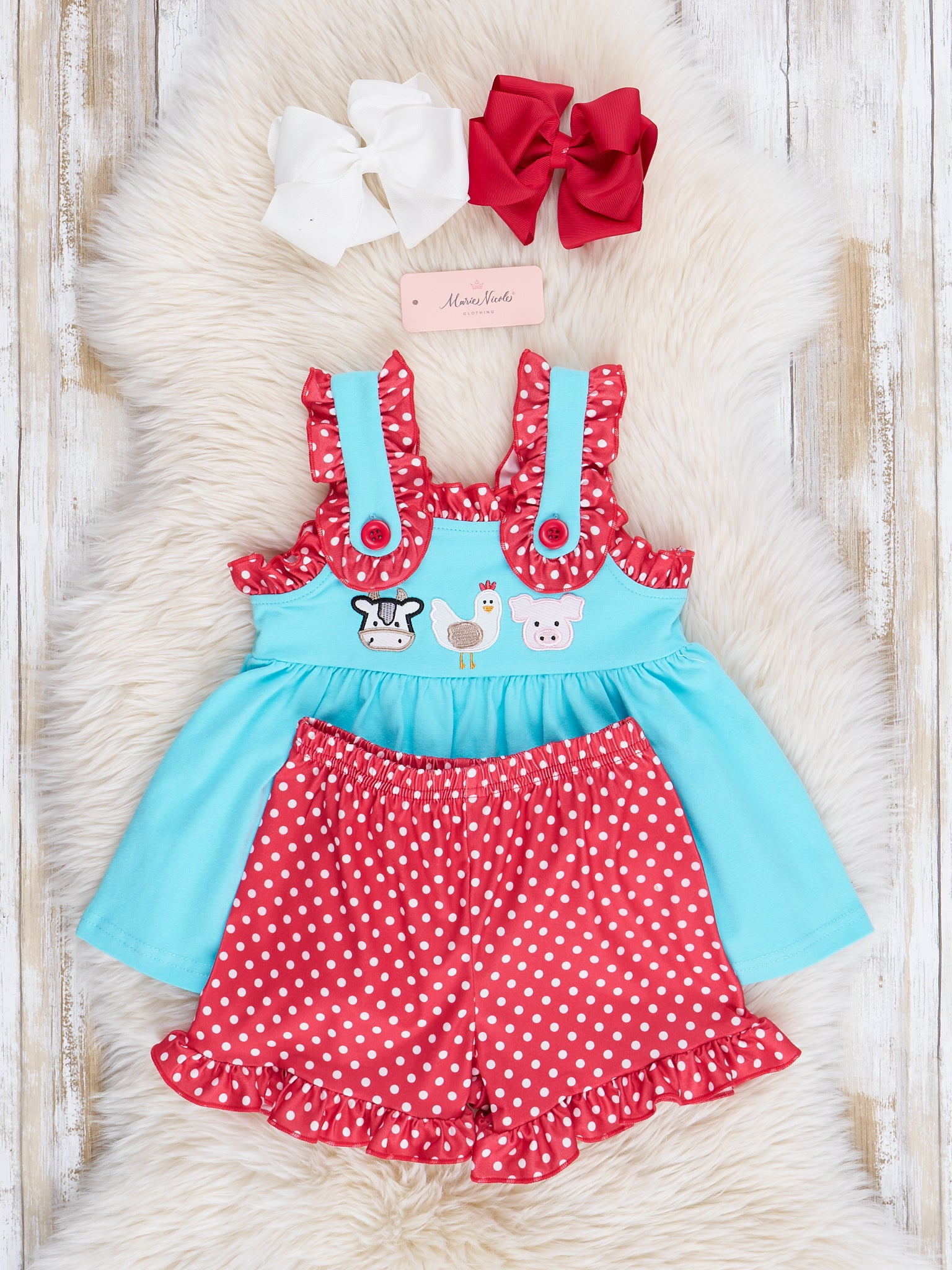 Turquoise Embroidered Farm Friends Ruffle Outfit - Marie Nicole Clothing