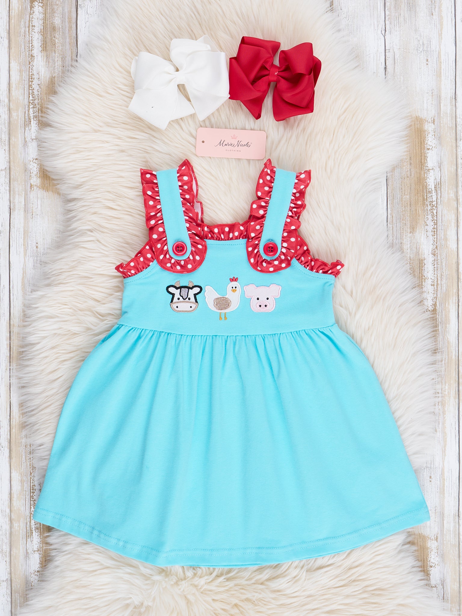 Turquoise Embroidered Farm Friends Ruffle Dress - Marie Nicole Clothing
