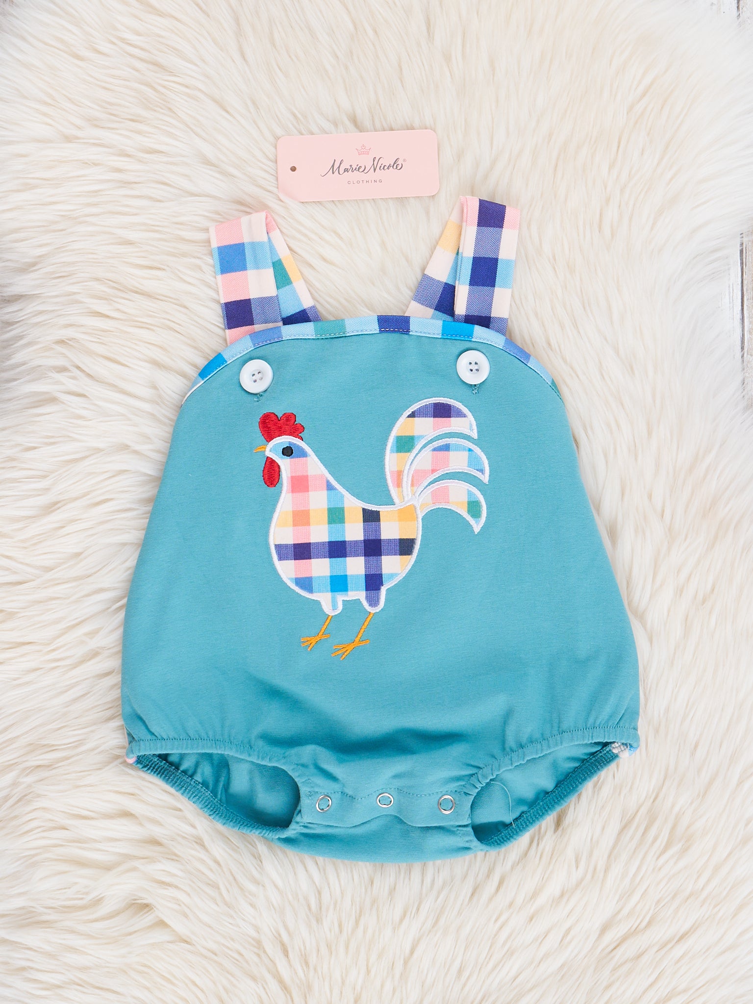 Teal Gingham Chicken Romper - Marie Nicole Clothing