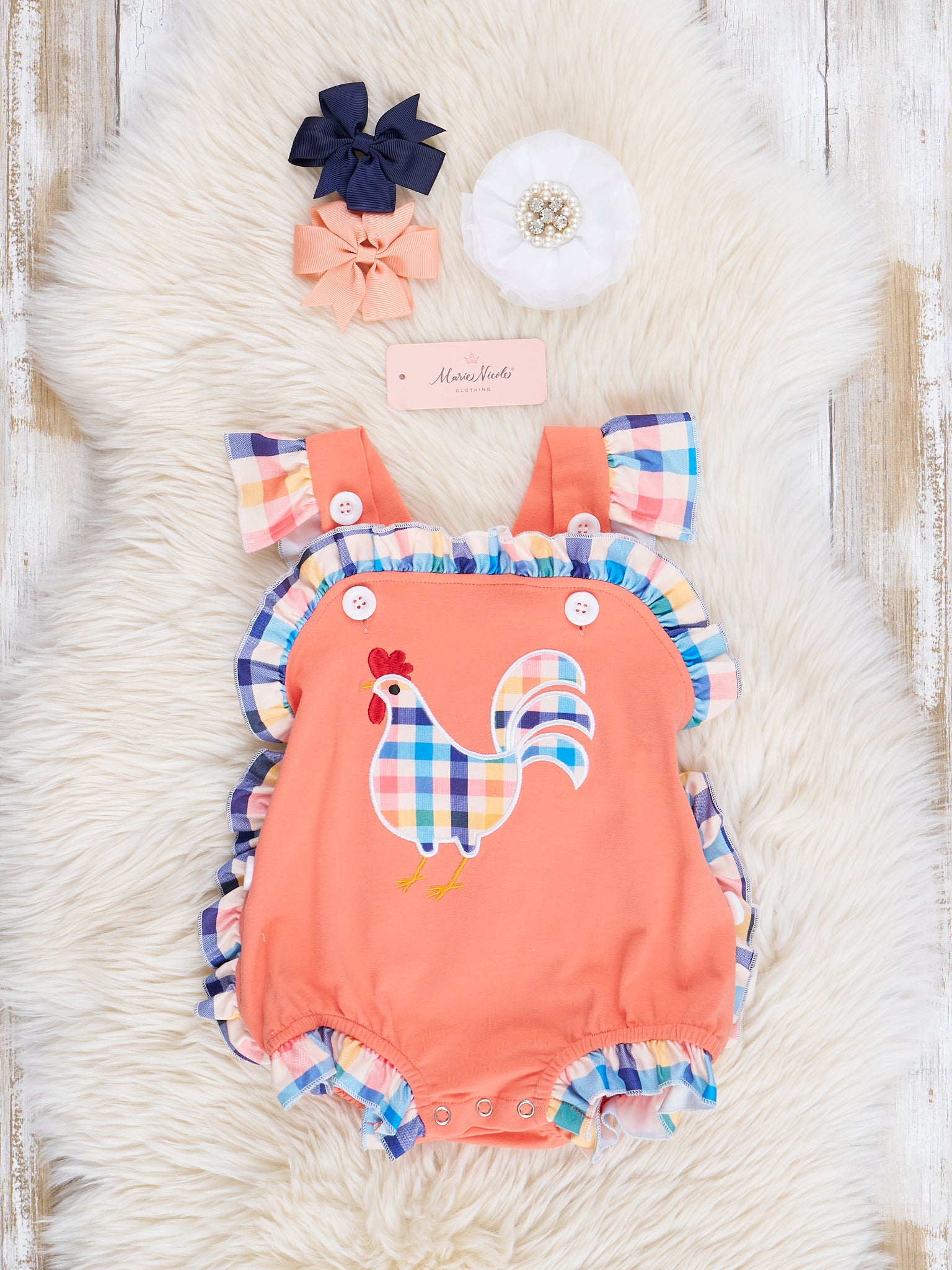 Orange Gingham Chicken Ruffle Bubble Romper - Marie Nicole Clothing
