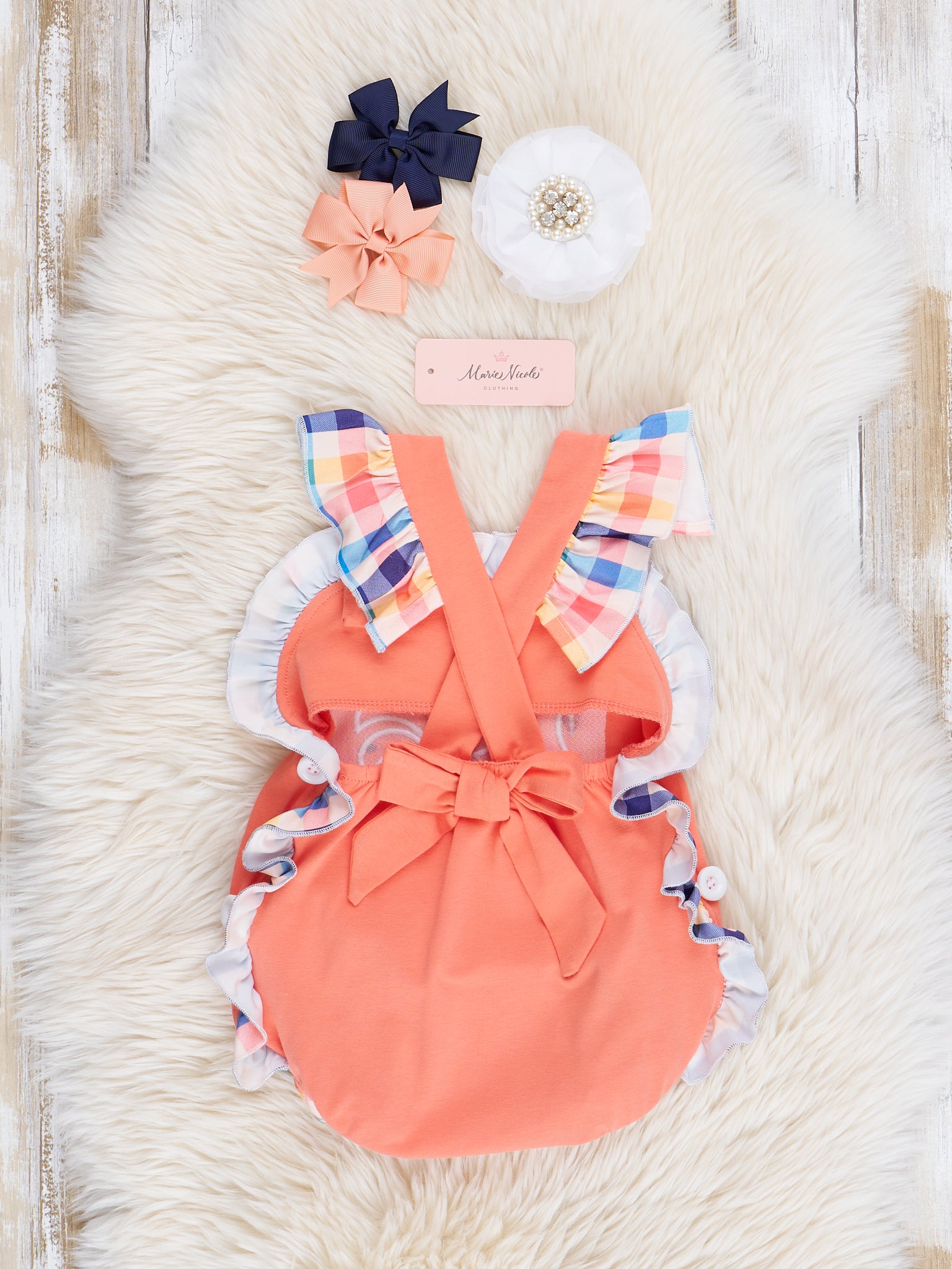 Orange Gingham Chicken Ruffle Bubble Romper - Marie Nicole Clothing