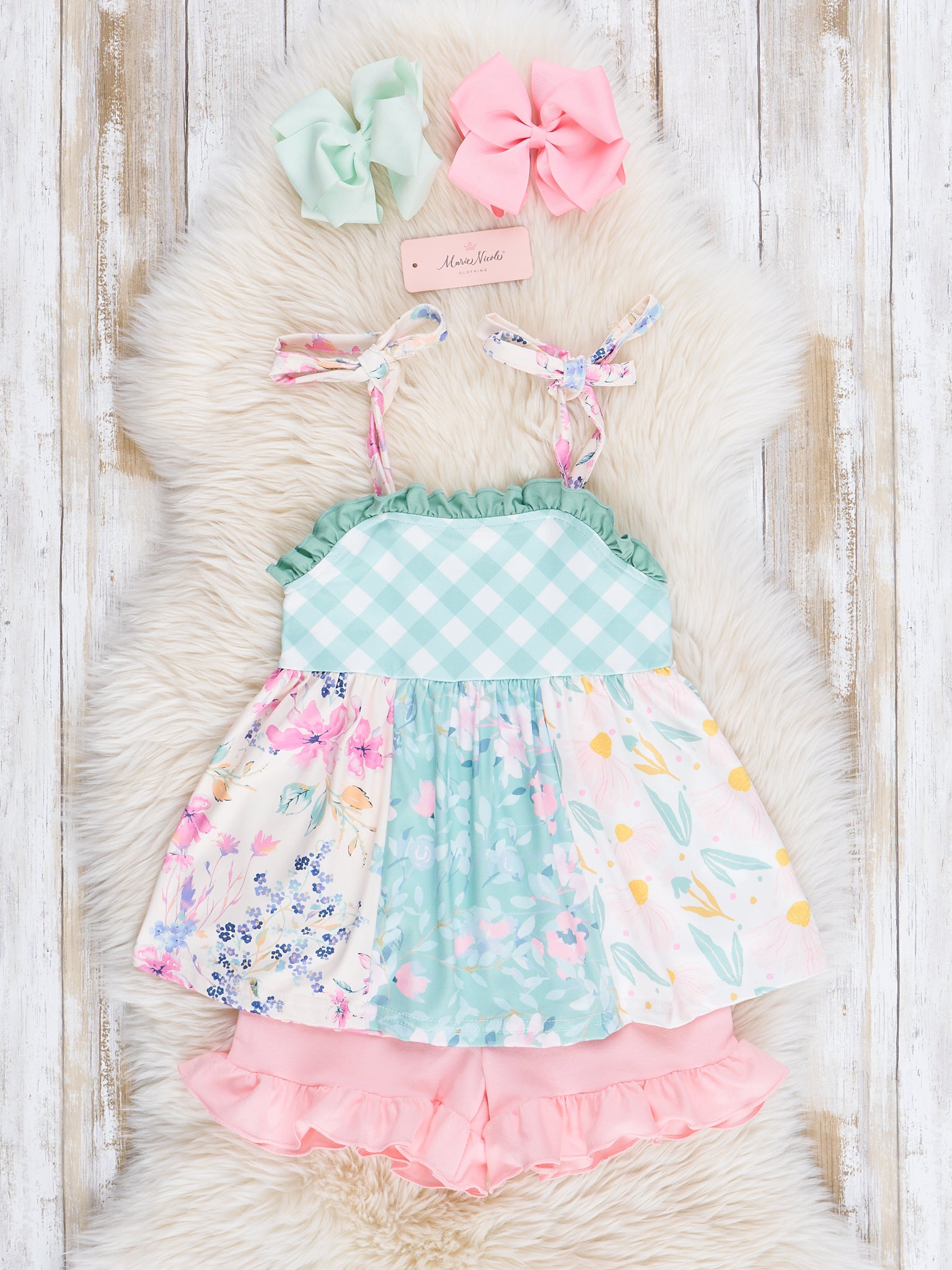 Pink & Green Gingham Garden Ruffle Outfit - Marie Nicole Clothing