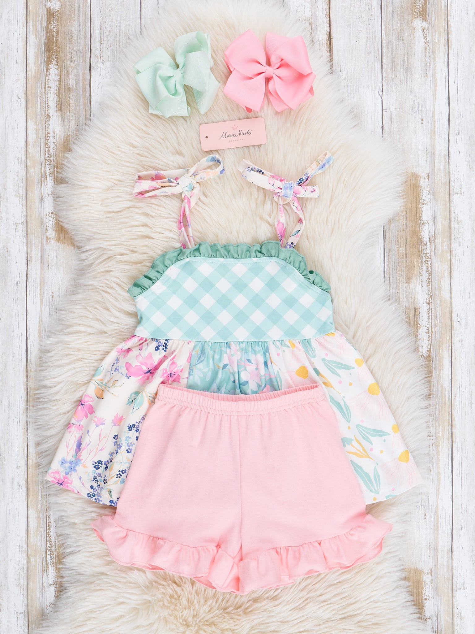 Pink & Green Gingham Garden Ruffle Outfit - Marie Nicole Clothing