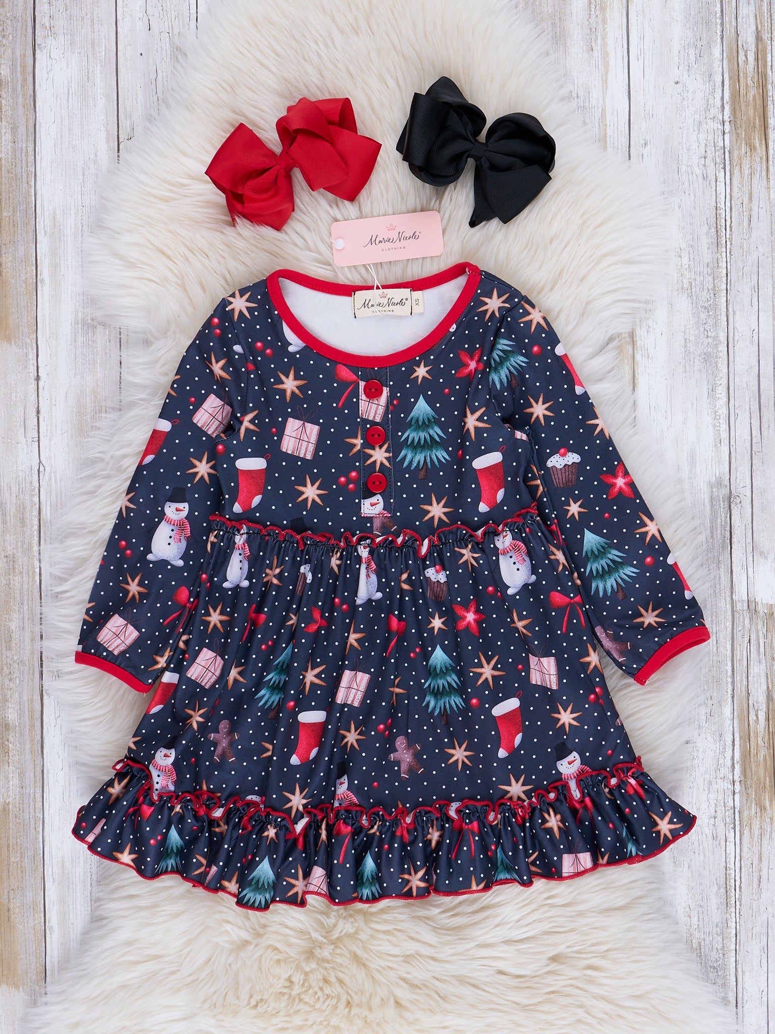 Red Trim Christmas Dreams Ruffle Dress - Marie Nicole Clothing
