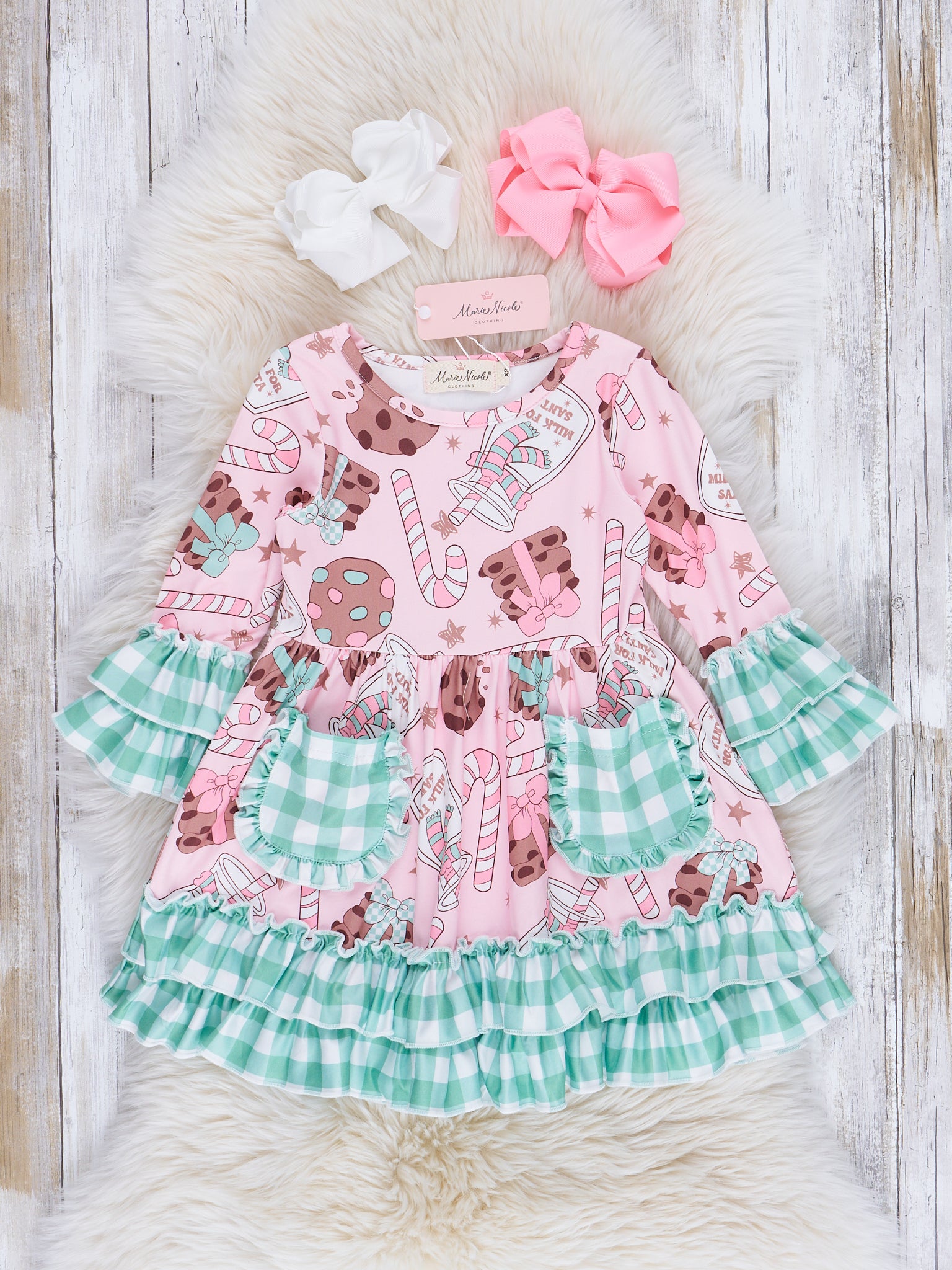Pink & Mint Gingham Cookies Ruffle Dress - Marie Nicole Clothing