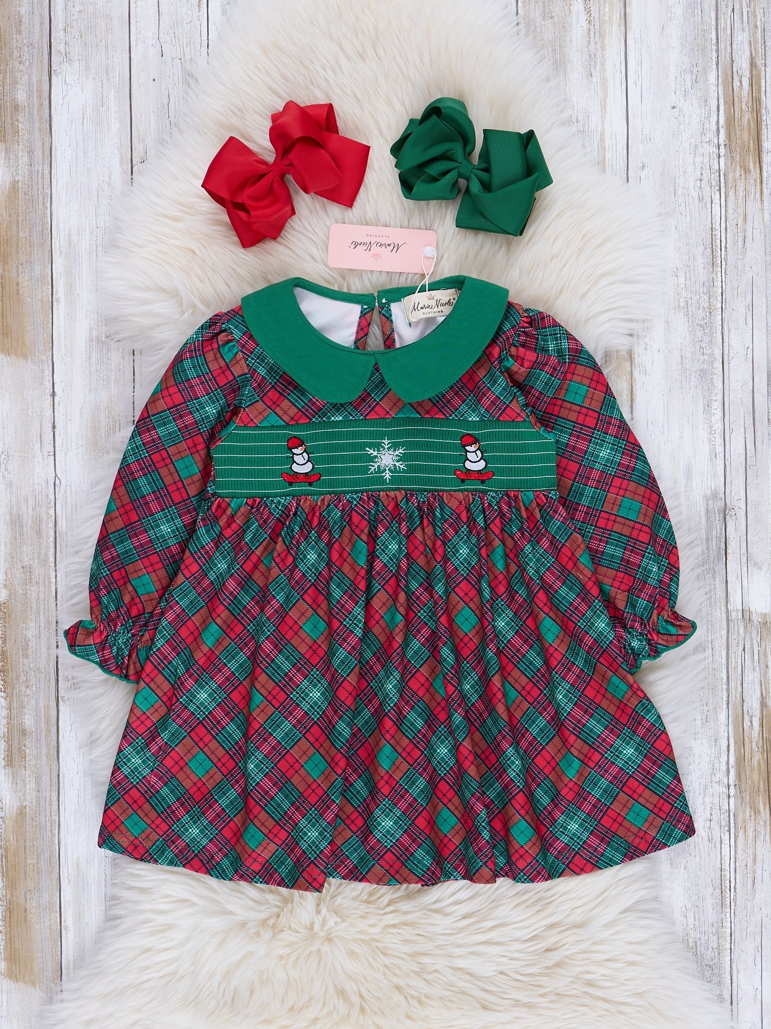 Deep Red & Green Smocked Christmas Plaid Dress - Marie Nicole Clothing