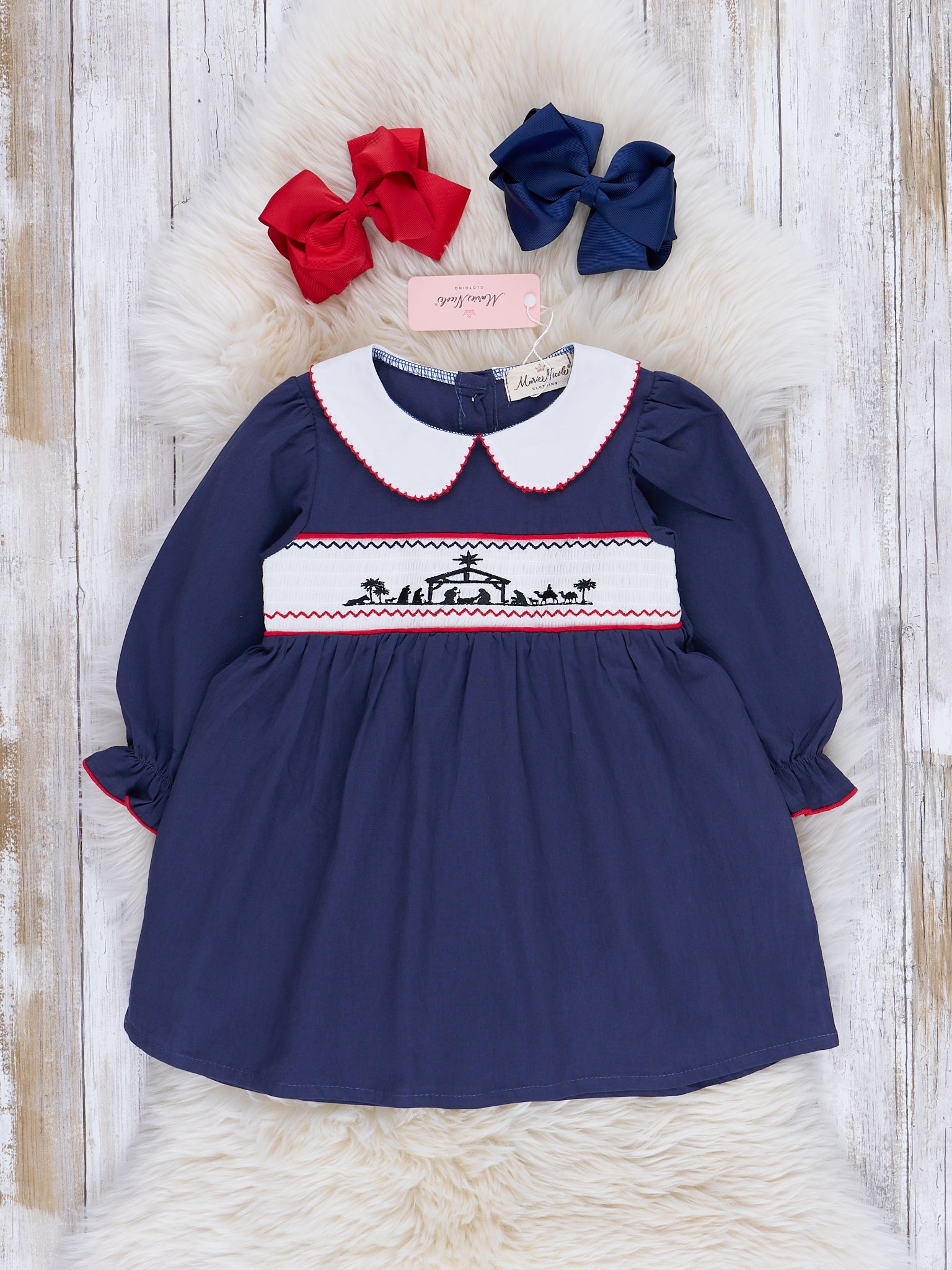 Deep Blue Smocked Nativity Dress - Marie Nicole Clothing