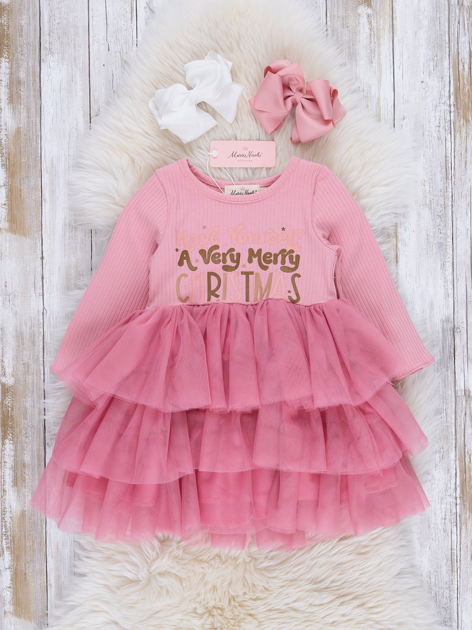 Pink Ribbed Merry Christmas Tiered Tulle Dress - Marie Nicole Clothing