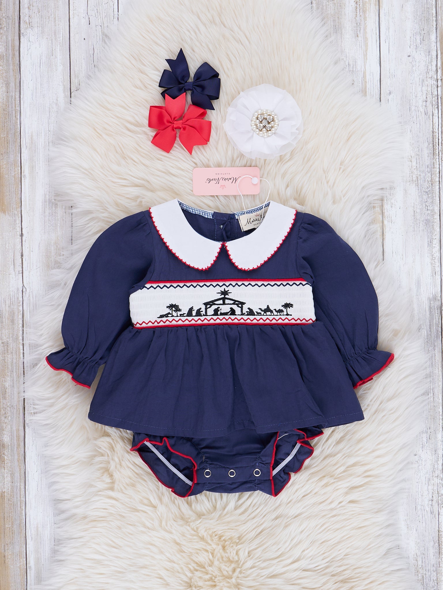 Deep Blue Smocked Nativity Romper - Marie Nicole Clothing
