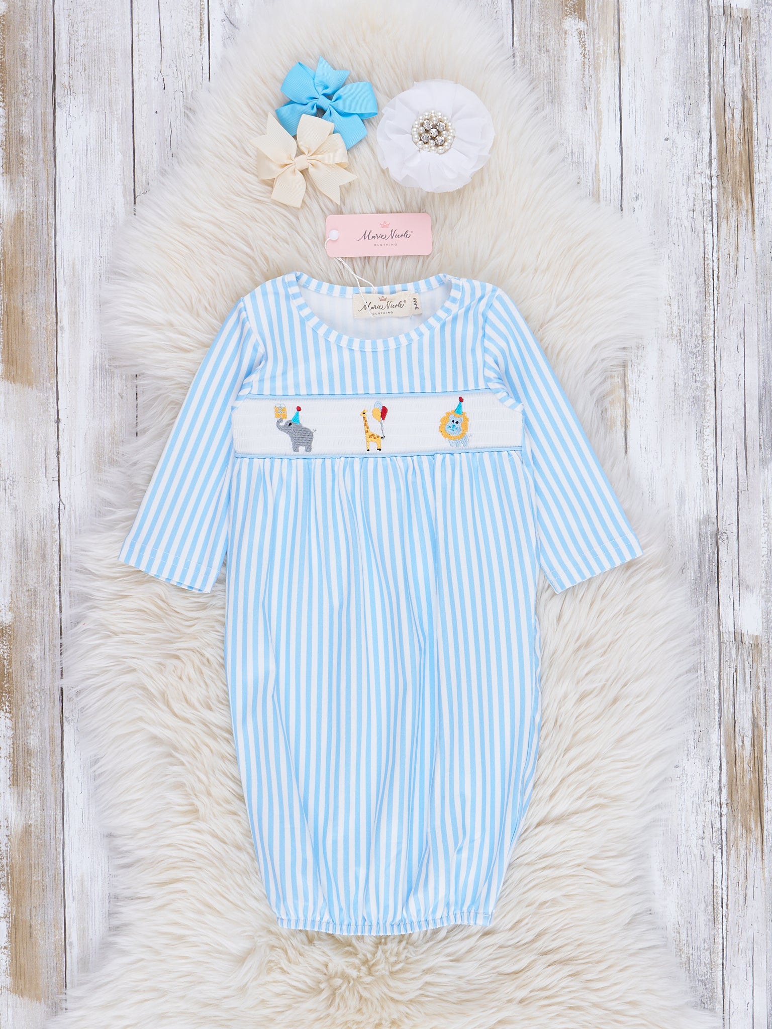 Blue Stripe Smocked Circus Friends Gown - Marie Nicole Clothing