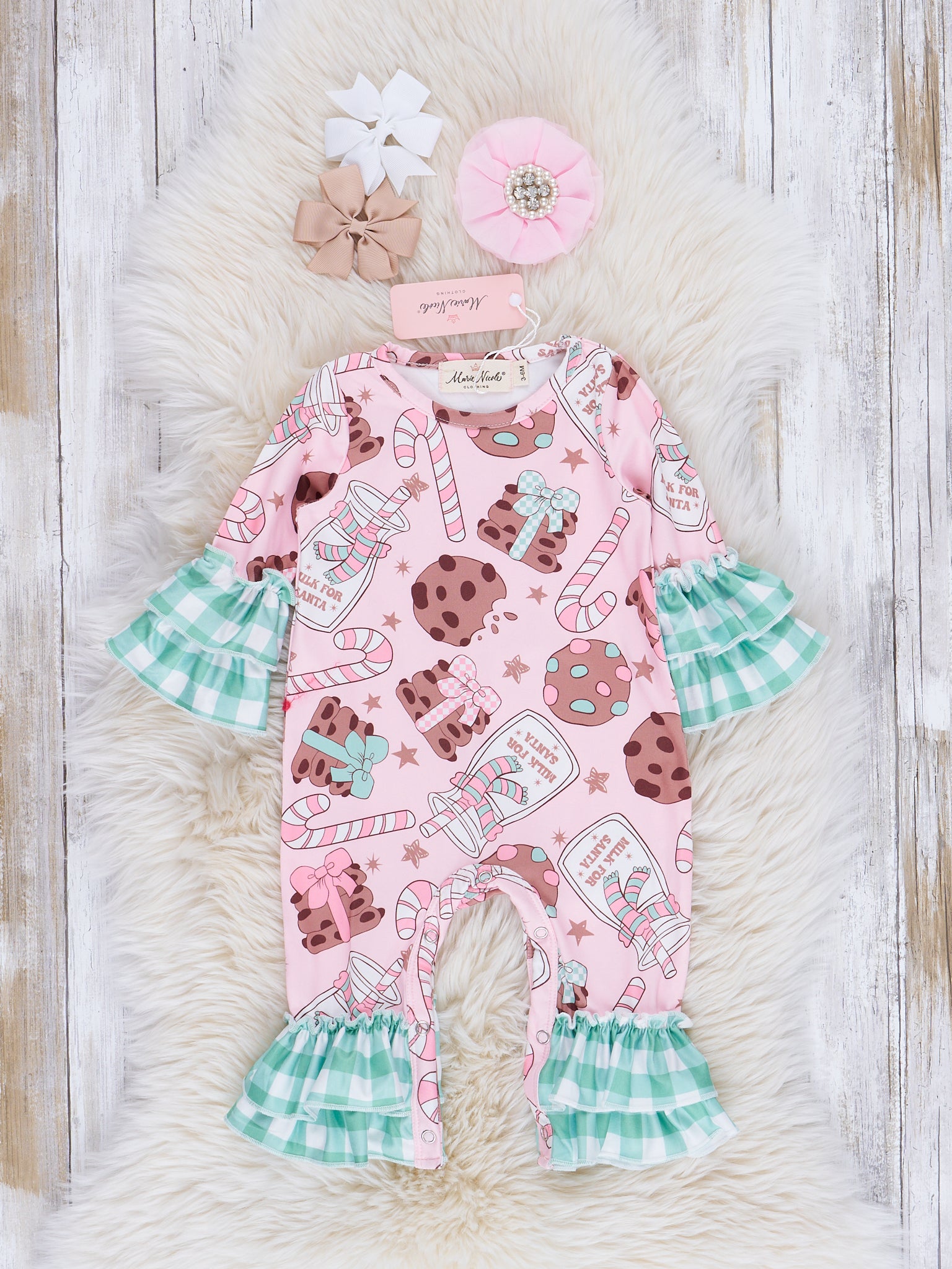 Pink & Mint Gingham Cookies Ruffle Romper - Marie Nicole Clothing
