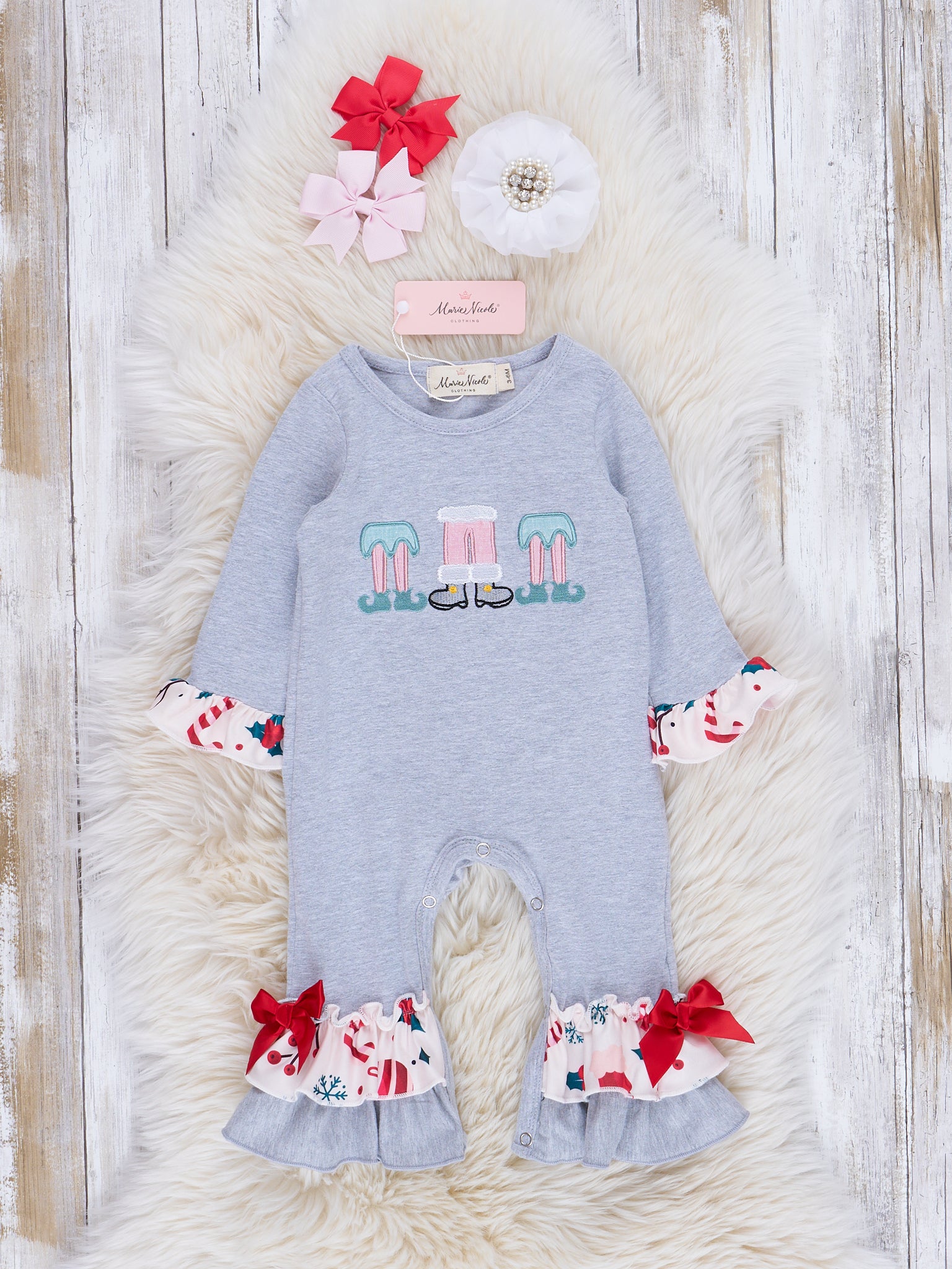 Grey Embroidered Little Elves Ruffle Romper - Marie Nicole Clothing
