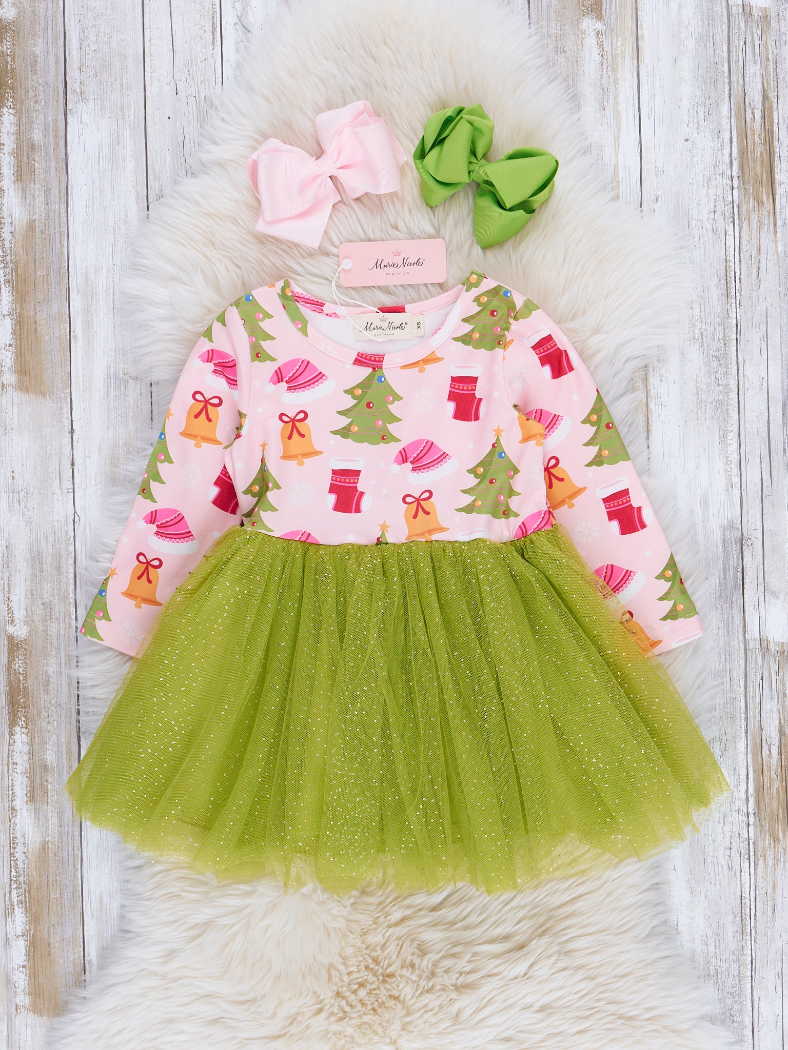 Lime & Pink Christmas Trees Swing Tulle Dress - Marie Nicole Clothing