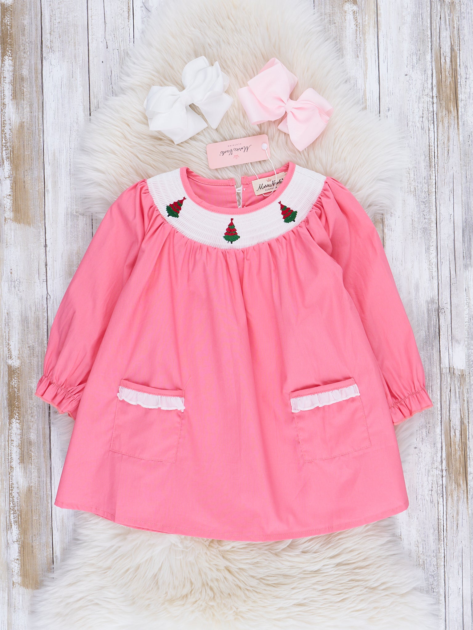 Pink Smocked Trees Dress - Marie Nicole Clothing