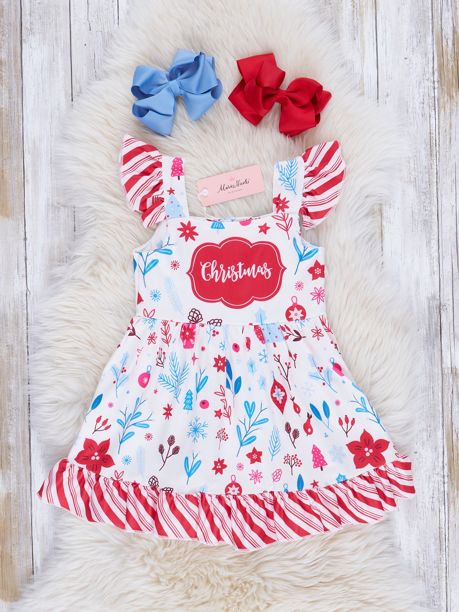 Candy Stripe Christmas Ruffle Hem Dress - Marie Nicole Clothing