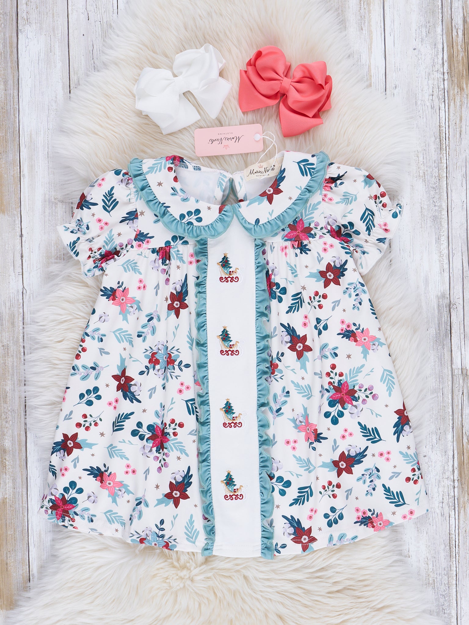Mint Embroidered Poinsettias Ruffle Dress - Marie Nicole Clothing