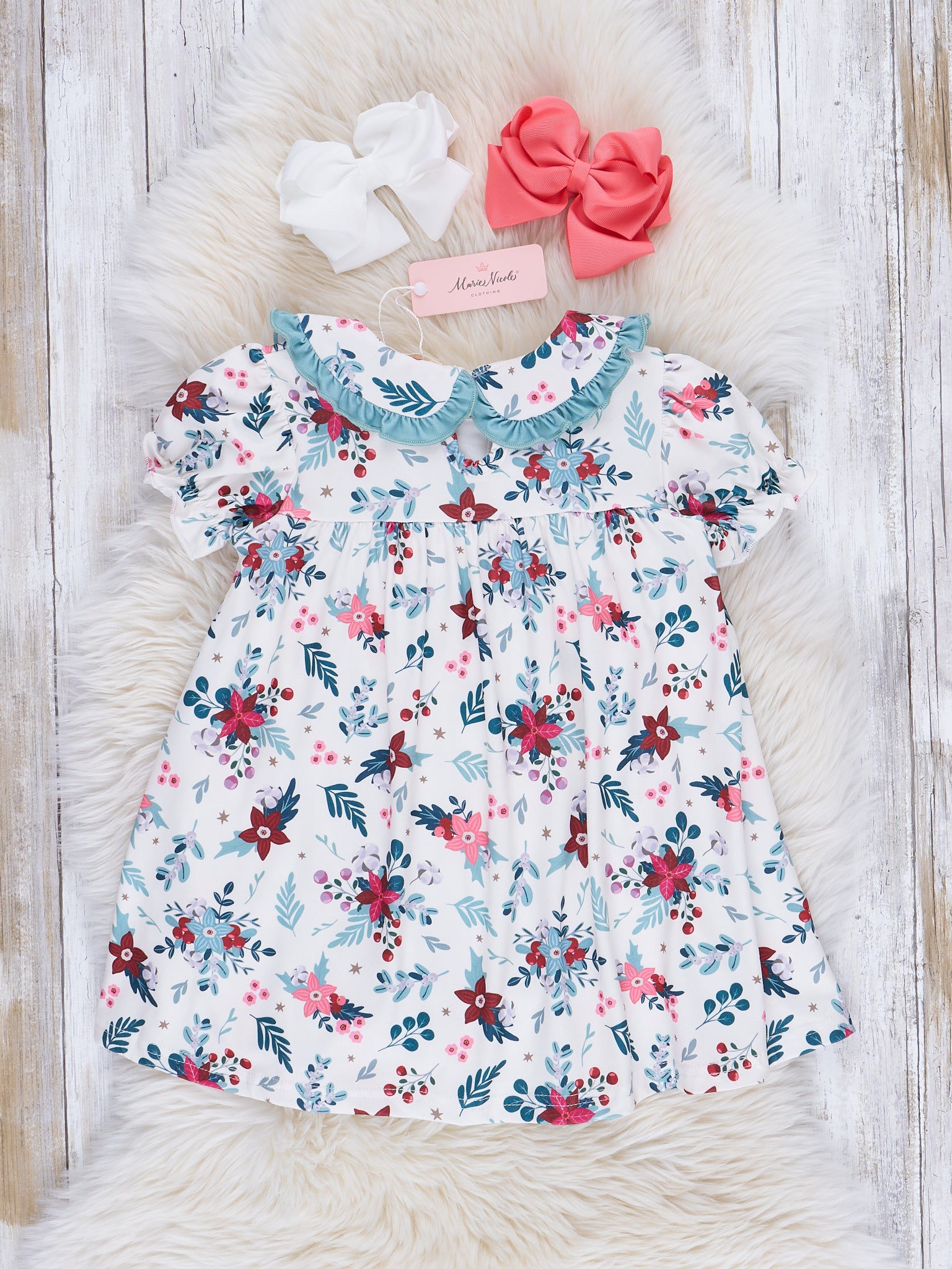 Mint Embroidered Poinsettias Ruffle Dress - Marie Nicole Clothing
