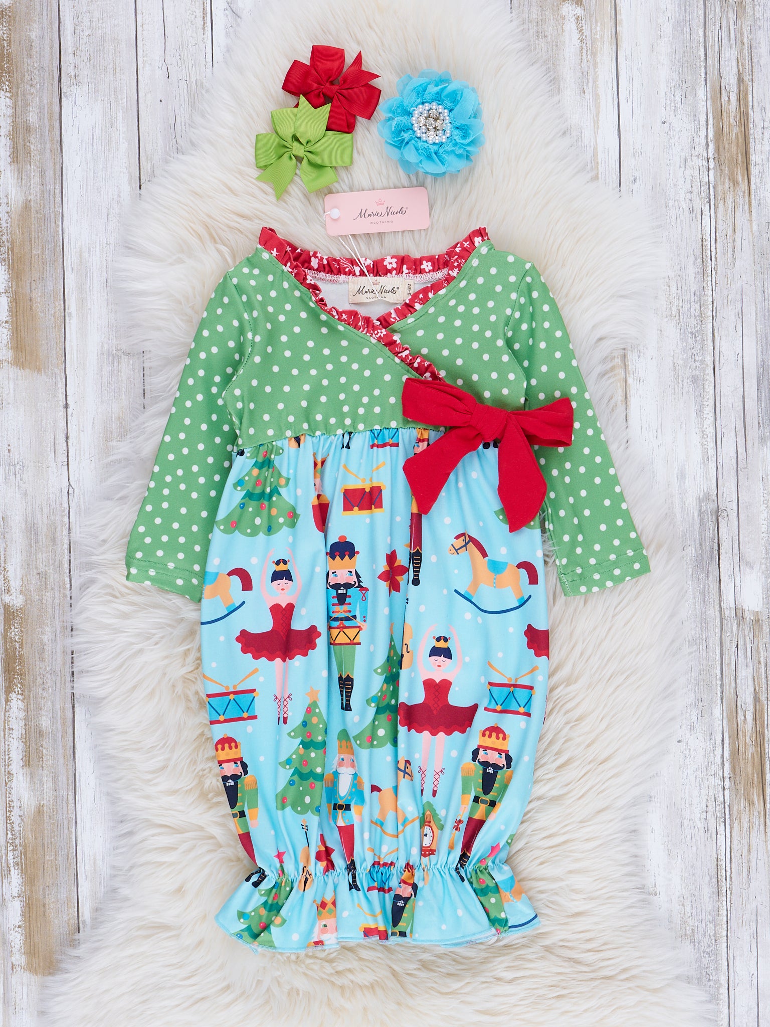 Green & Blue Dots Nutcracker Sleep Gown - Marie Nicole Clothing