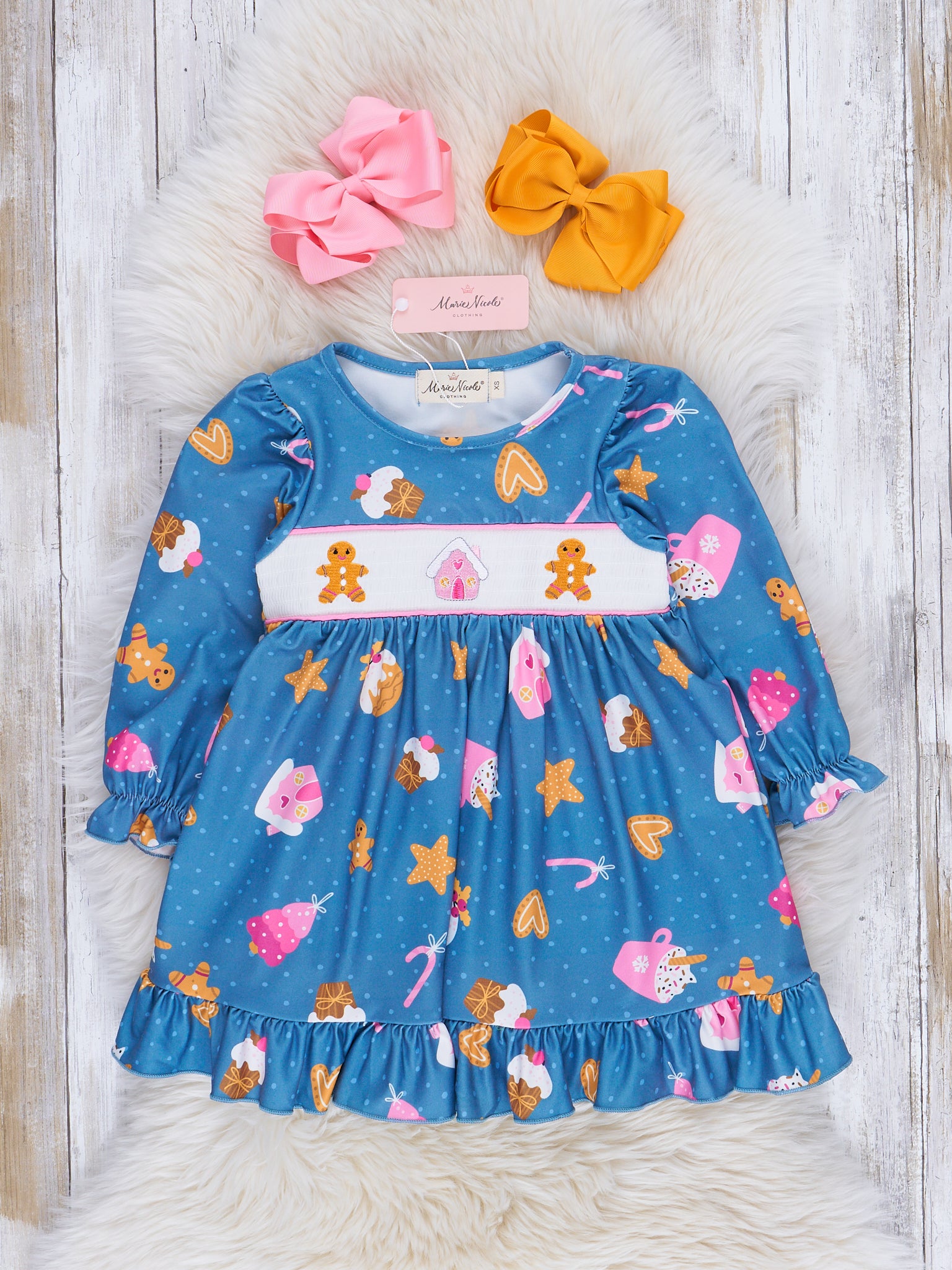Blue Smocked Gingerbread Ruffle Dress - Marie Nicole Clothing