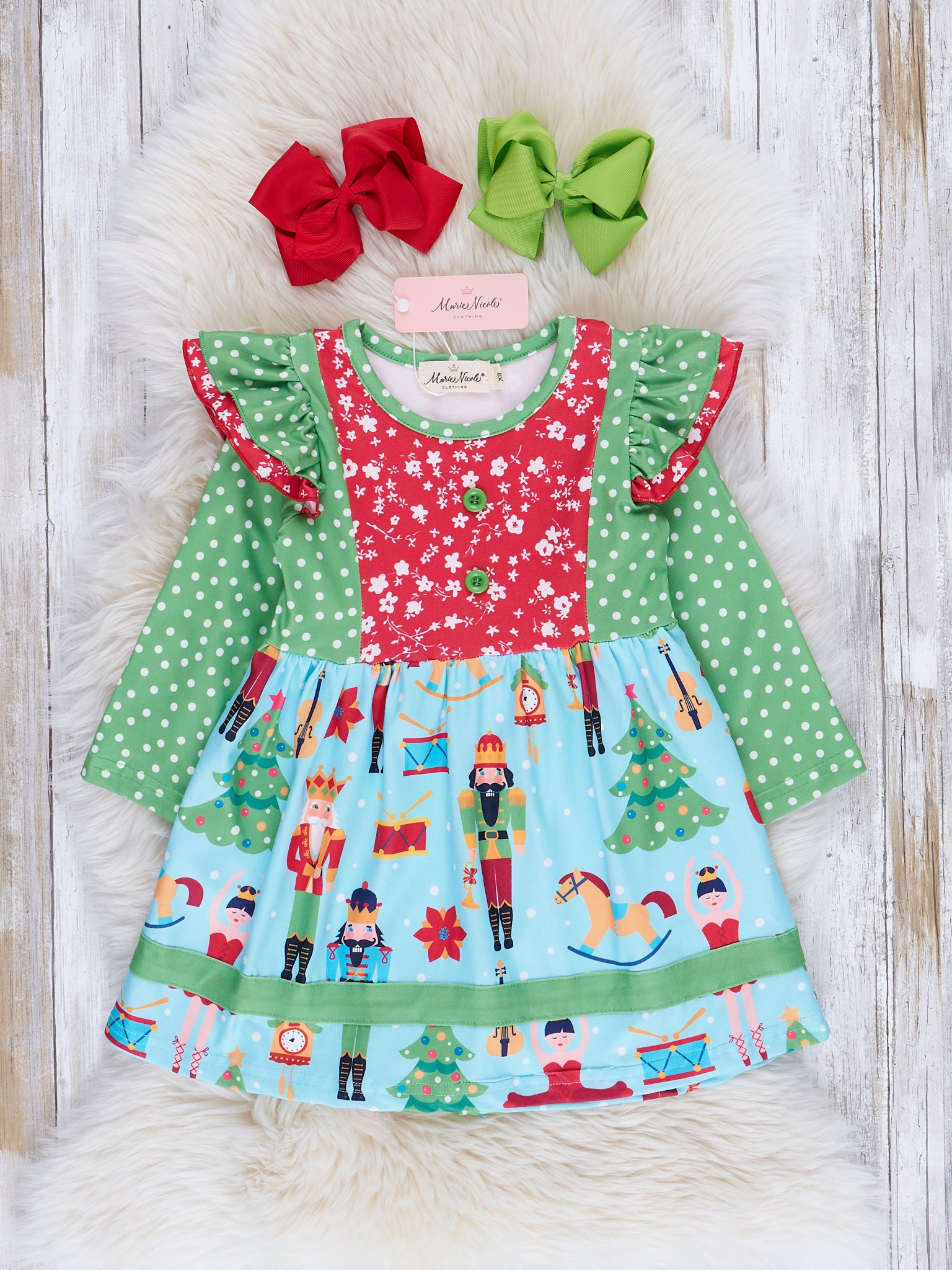 Green & Blue Dots Nutcracker Ruffle Dress - Marie Nicole Clothing