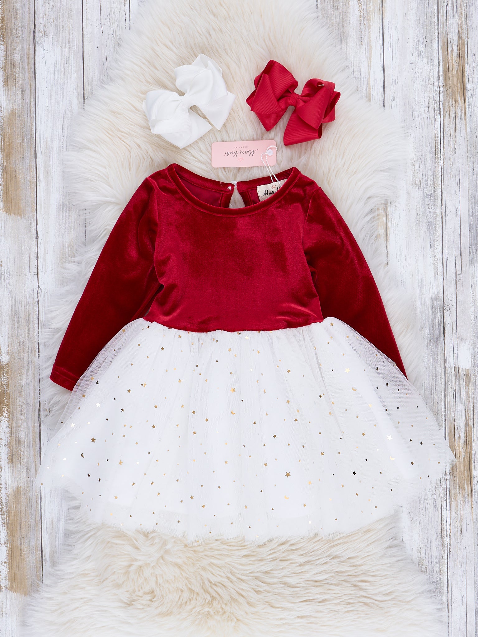 Red & White Velvet Tulle Party Dress - Marie Nicole Clothing