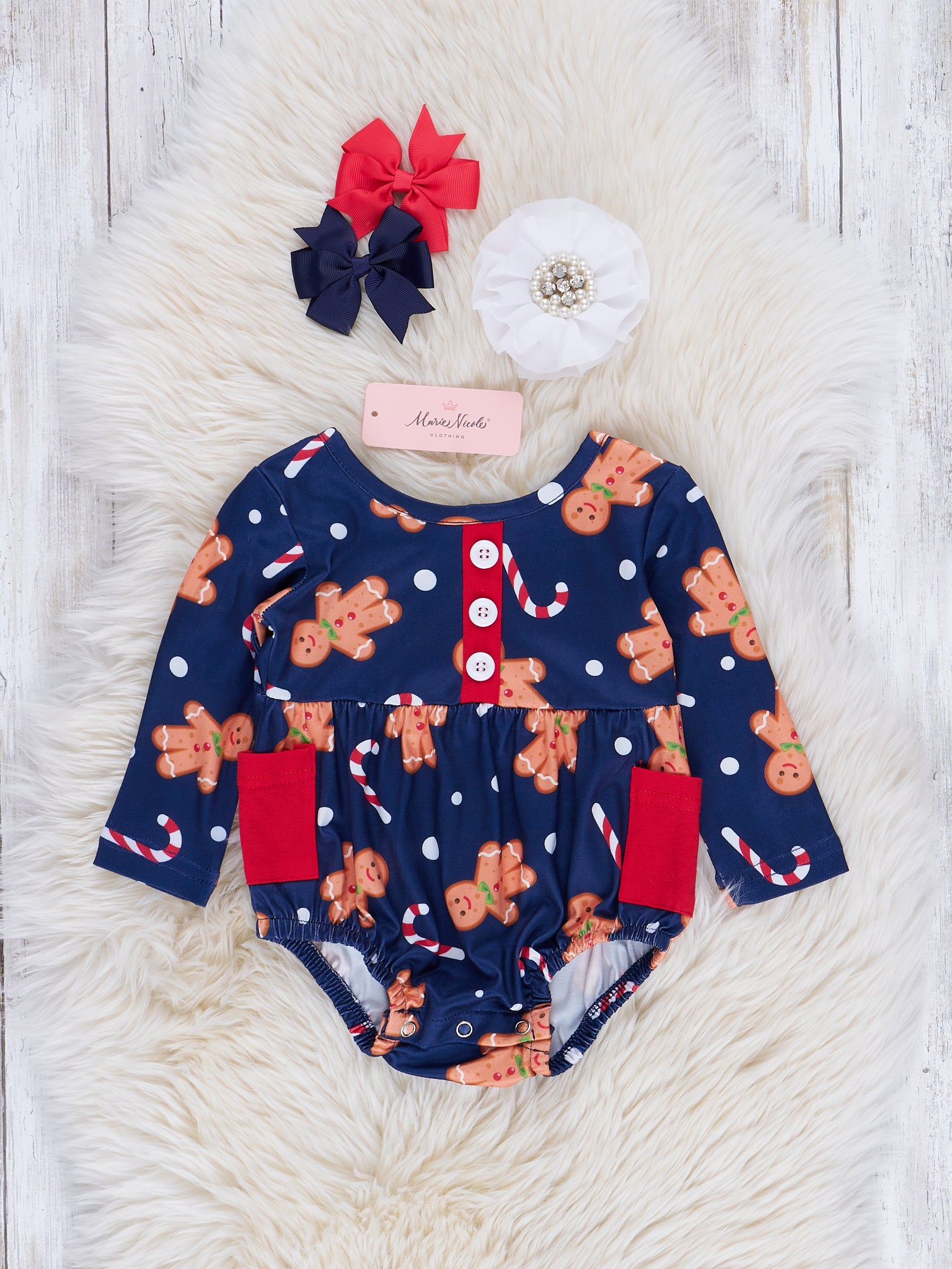 Navy Gingerbread Pocket Romper - Marie Nicole Clothing