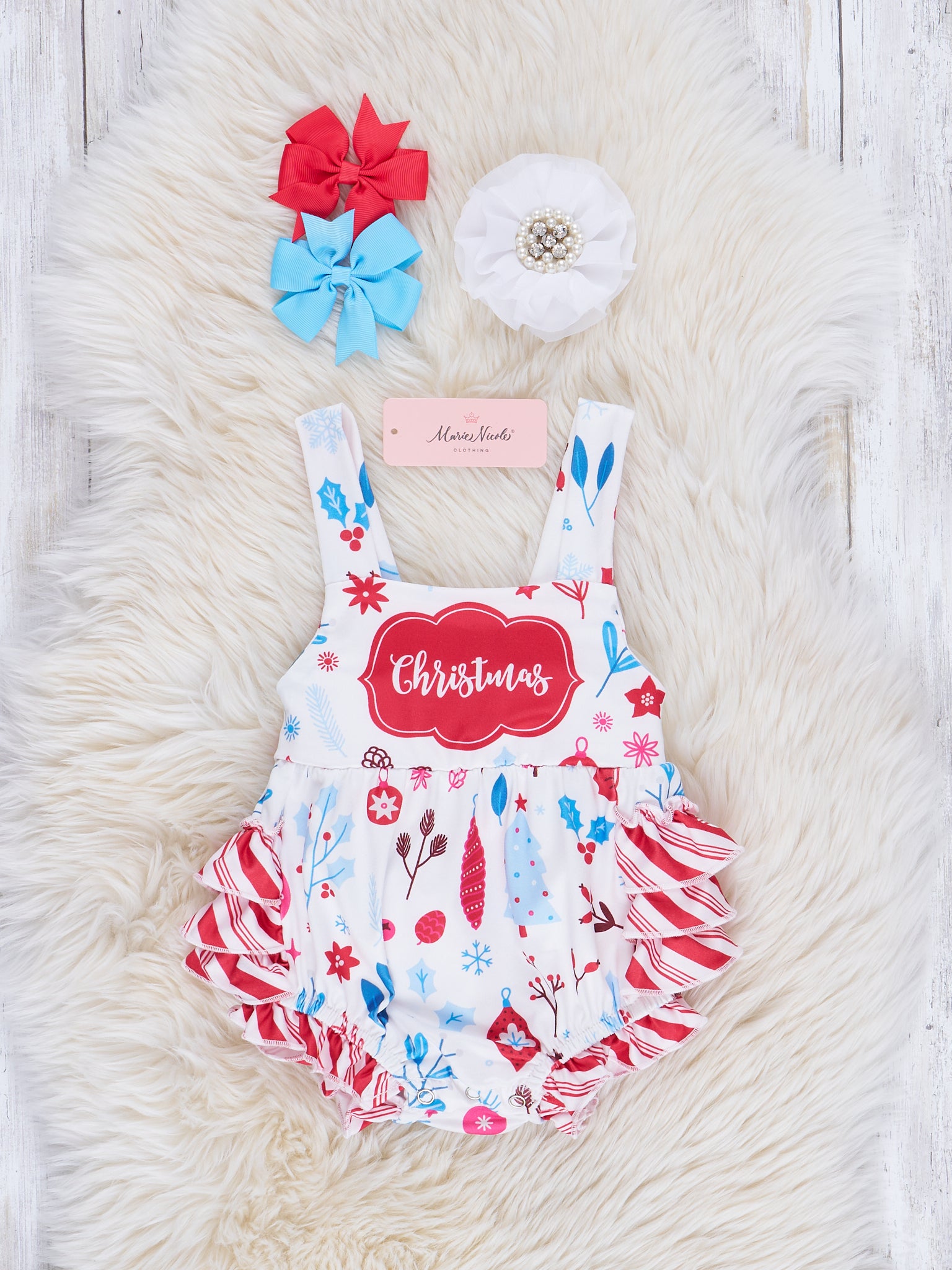 Candy Stripe Christmas Ruffle Hem Romper - Marie Nicole Clothing