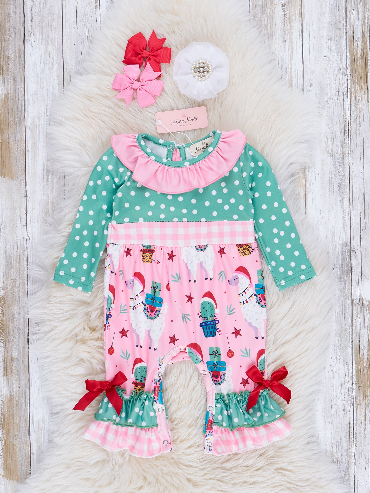 Pink Gingham & Green Dots Holiday Ruffle Romper - Marie Nicole Clothing
