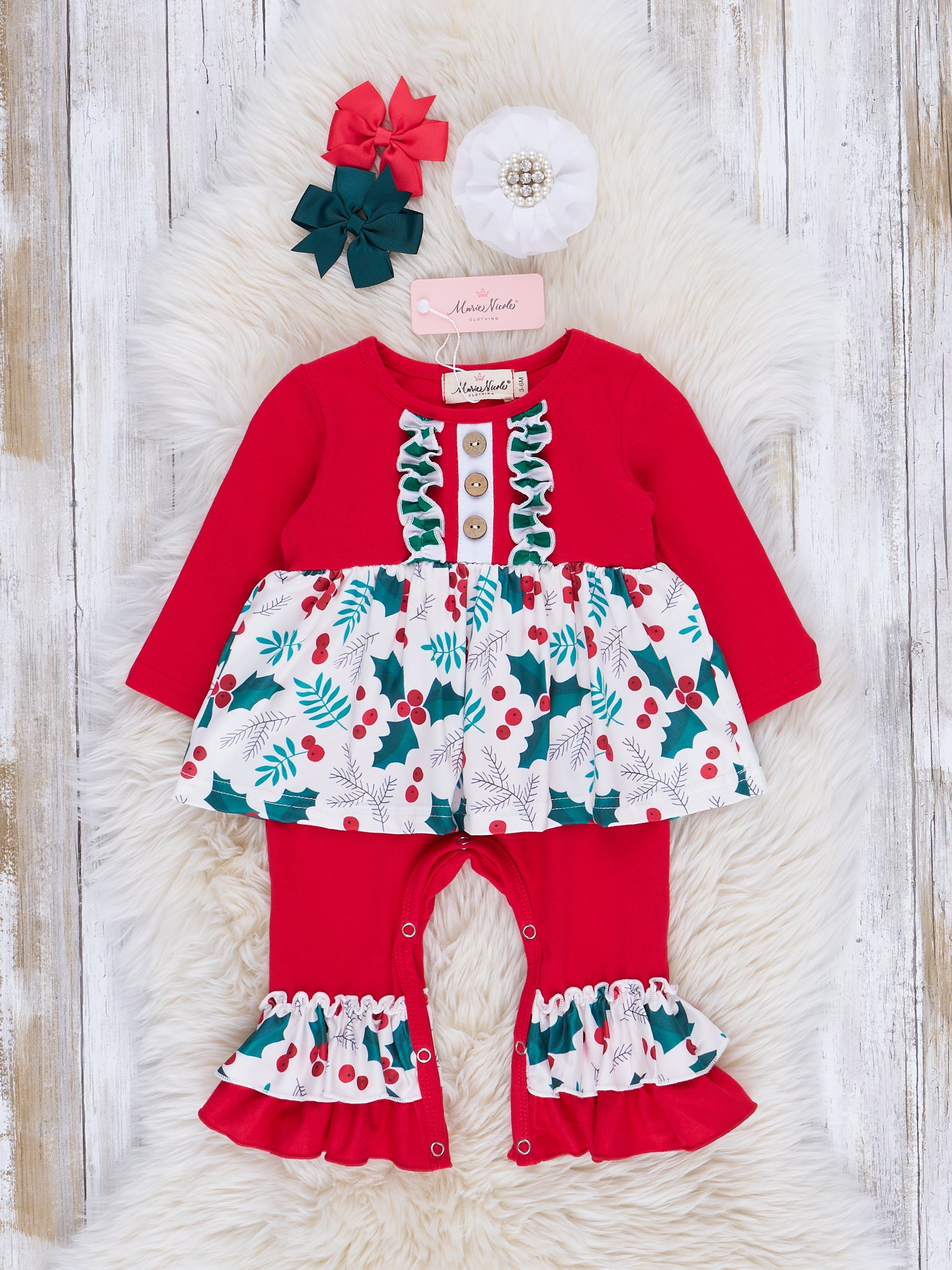 Red Embroidered Holly Striped Ruffle Romper - Marie Nicole Clothing