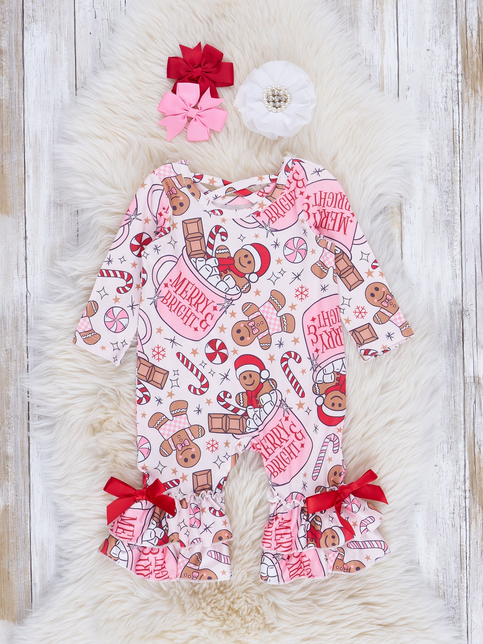 Pink & White Merry & Bright Sweets Ruffle Romper - Marie Nicole Clothing