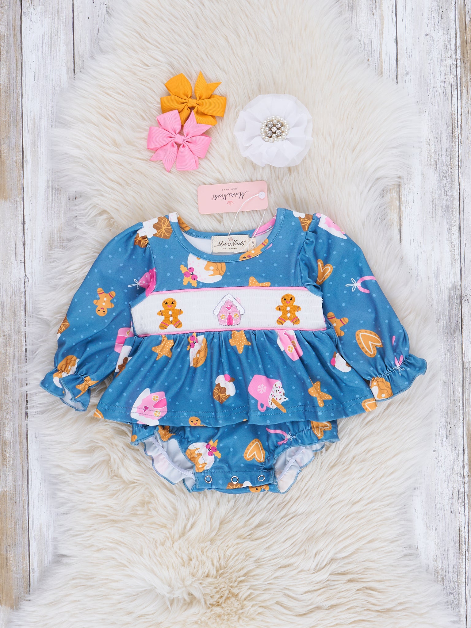 Blue Smocked Gingerbread Ruffle Bubble Romper - Marie Nicole Clothing
