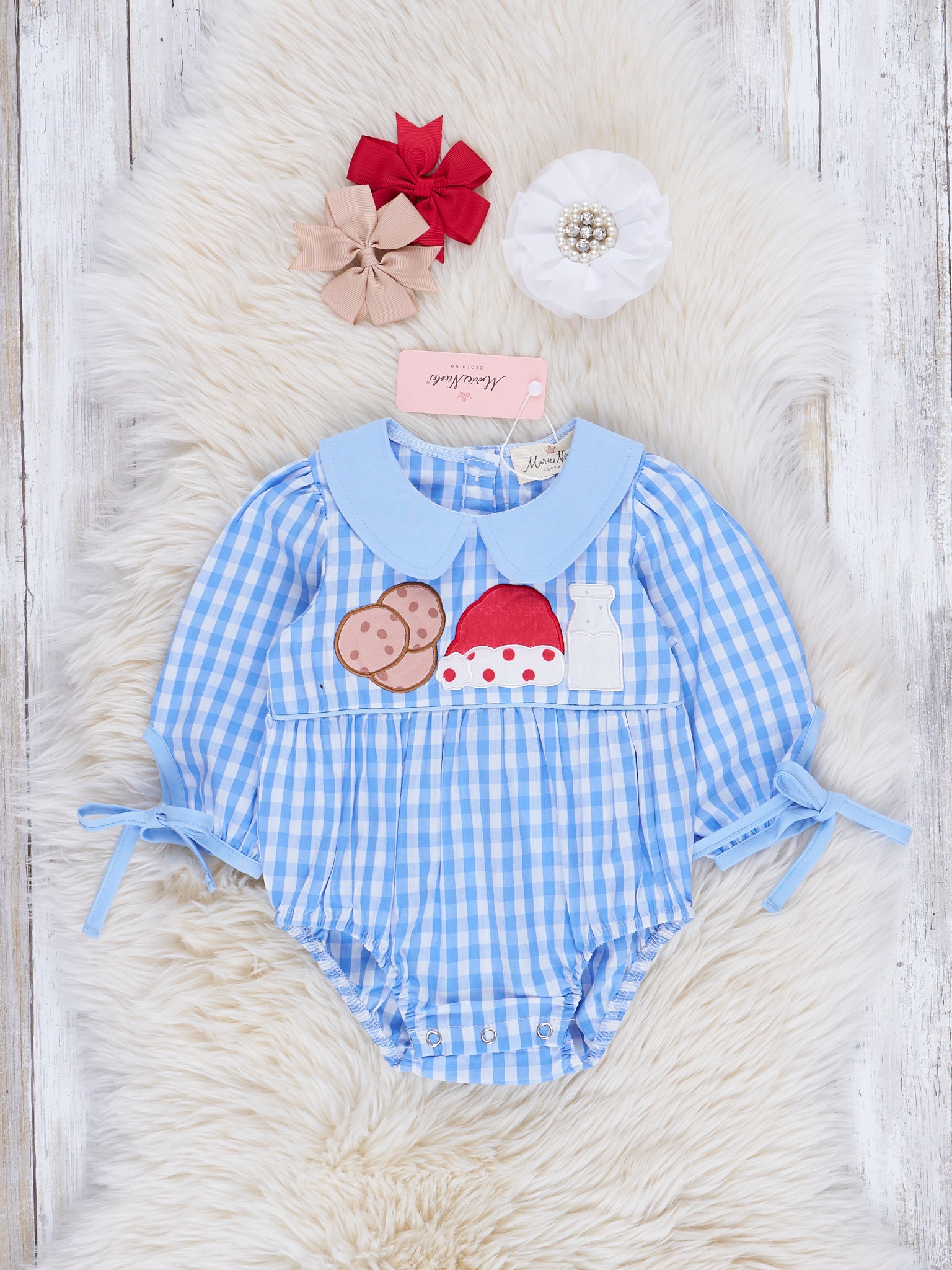 Blue Milk & Cookies Embroidered Gingham Romper - Marie Nicole Clothing