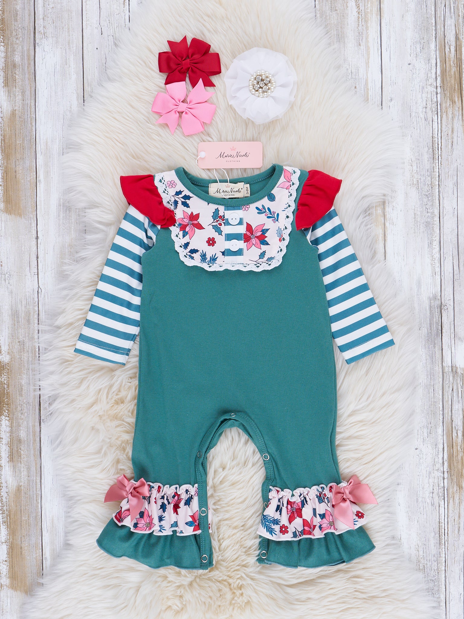 Vintage Green Floral & Stripes Ruffle Romper - Marie Nicole Clothing