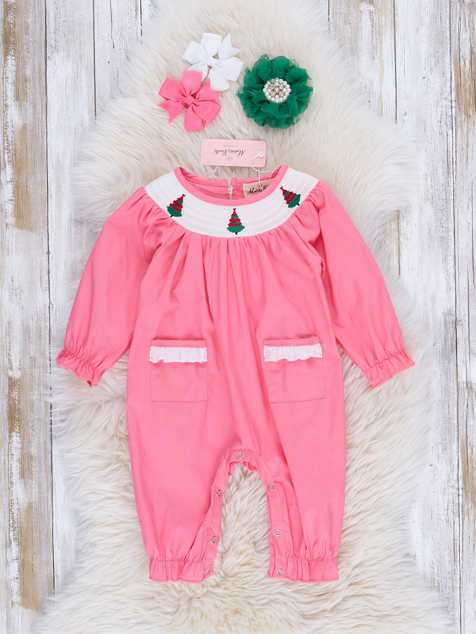 Pink Smocked Trees Romper - Marie Nicole Clothing
