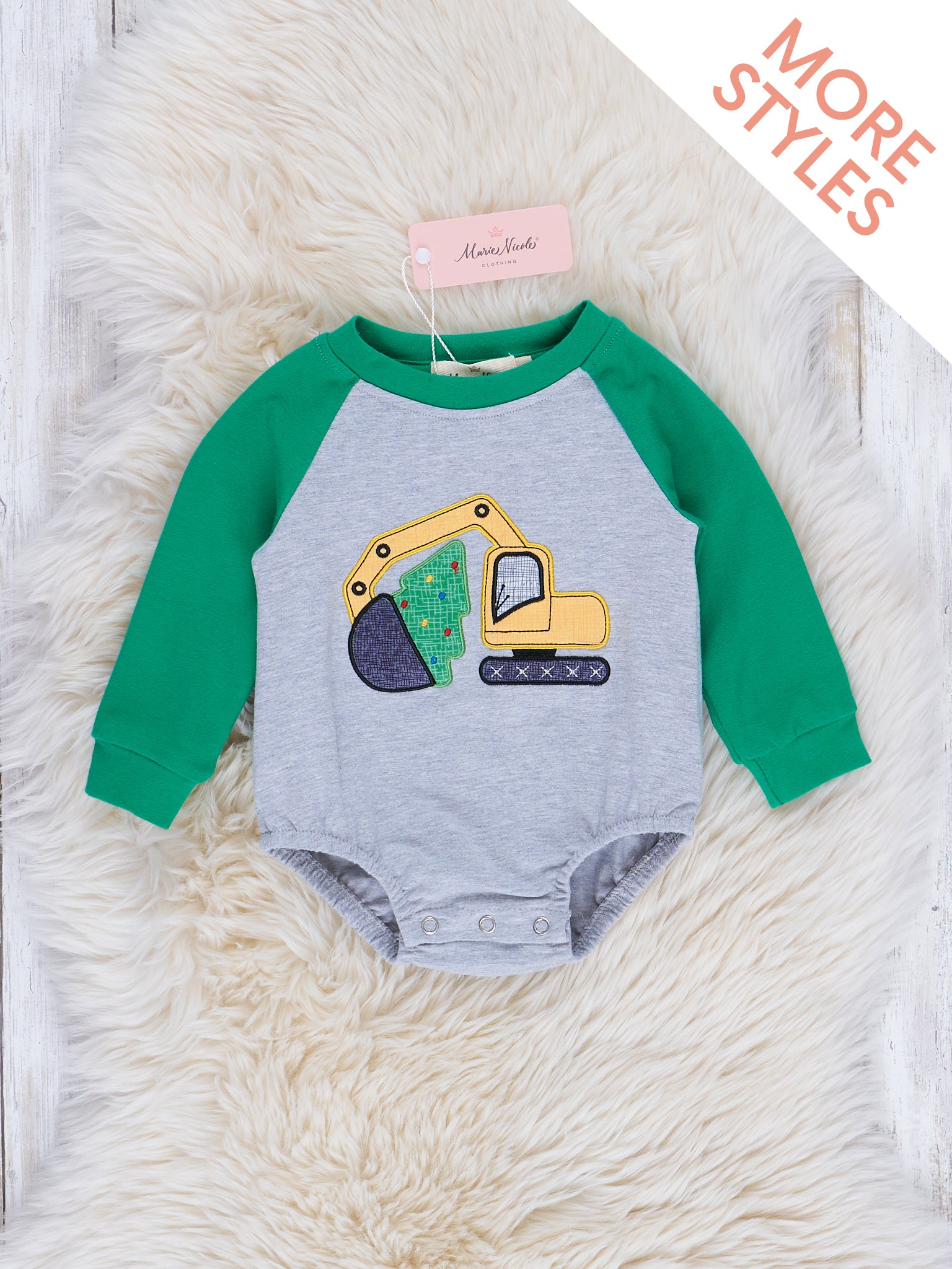 Embroidered Holiday Construction Truck Raglan Romper - Marie Nicole Clothing