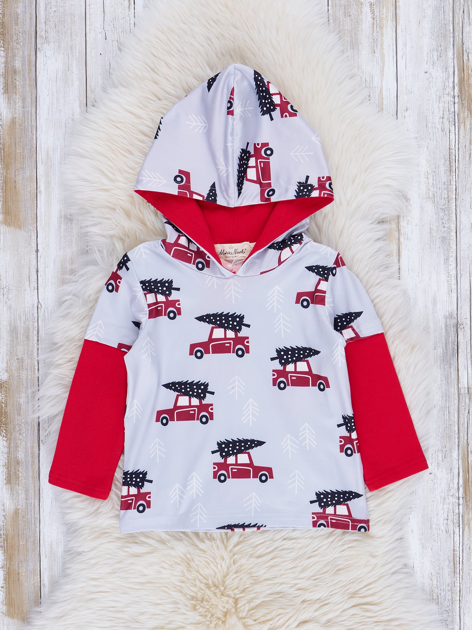 Grey & Red Christmas Tree Truck Hoodie - Marie Nicole Clothing
