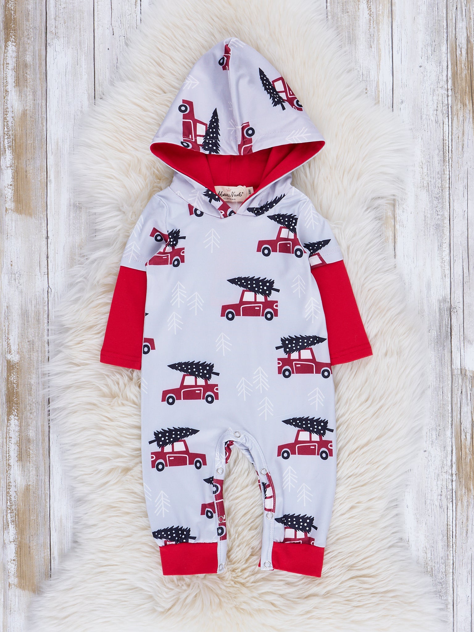 Grey & Red Christmas Tree Truck Romper - Marie Nicole Clothing