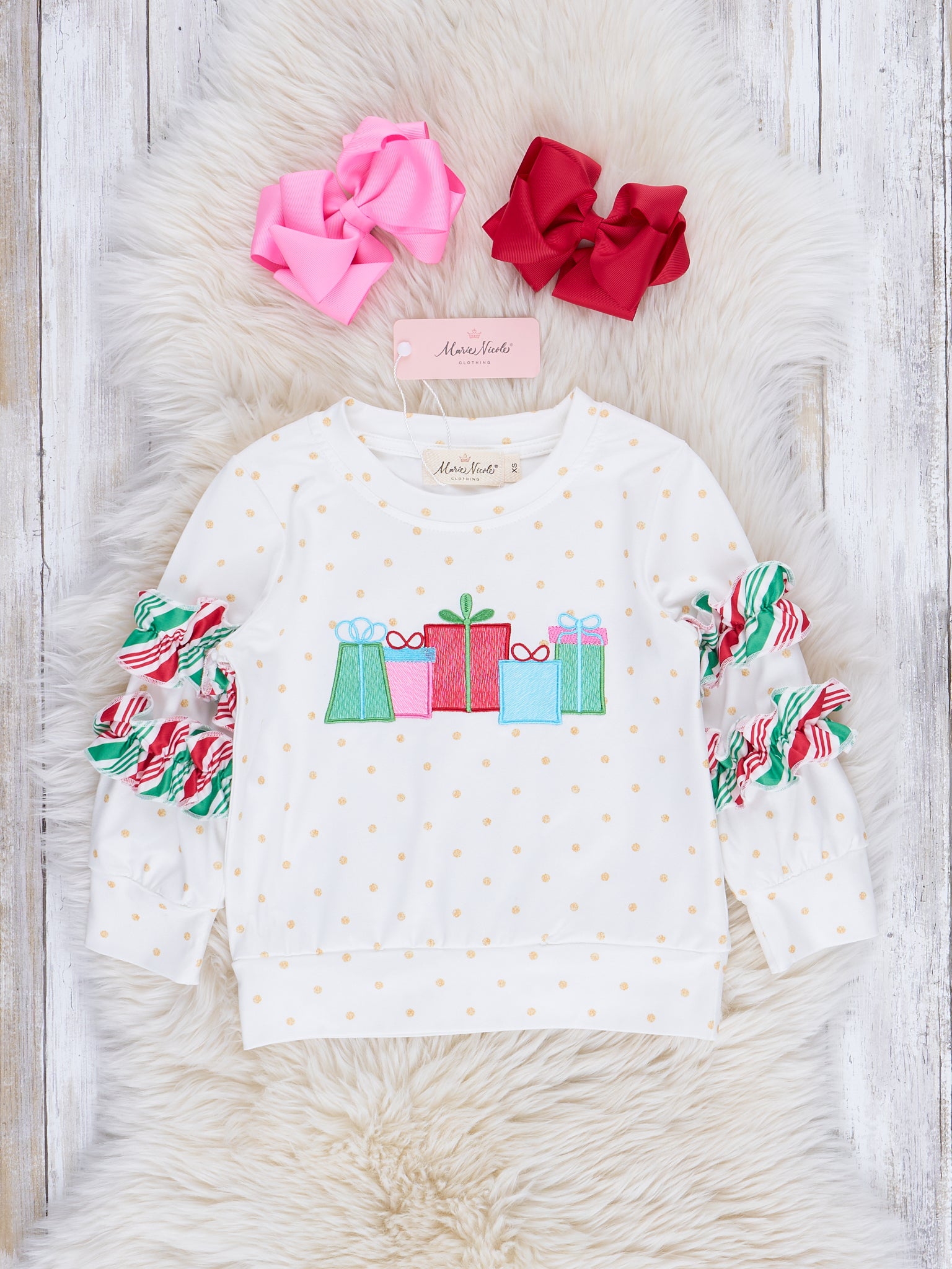 Gold Dots & Candy Stripe Embroidered Holiday Shirt - Marie Nicole Clothing