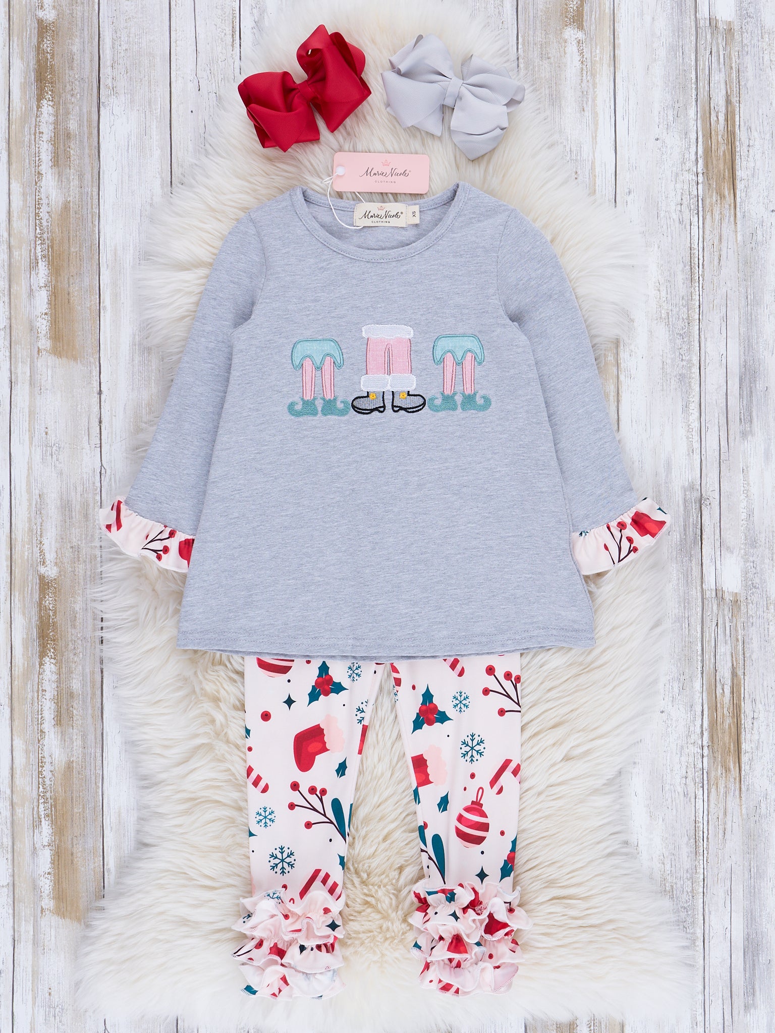 Grey Embroidered Little Elves Cupcake Ruffle Outfit - Marie Nicole Clothing