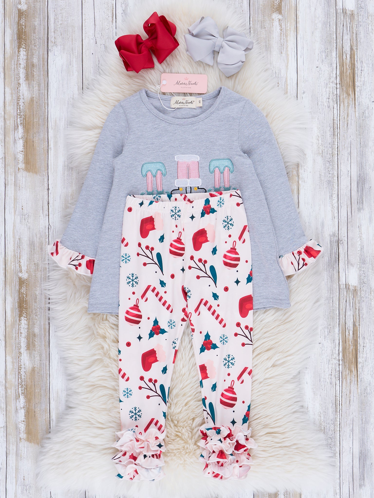Grey Embroidered Little Elves Cupcake Ruffle Outfit - Marie Nicole Clothing