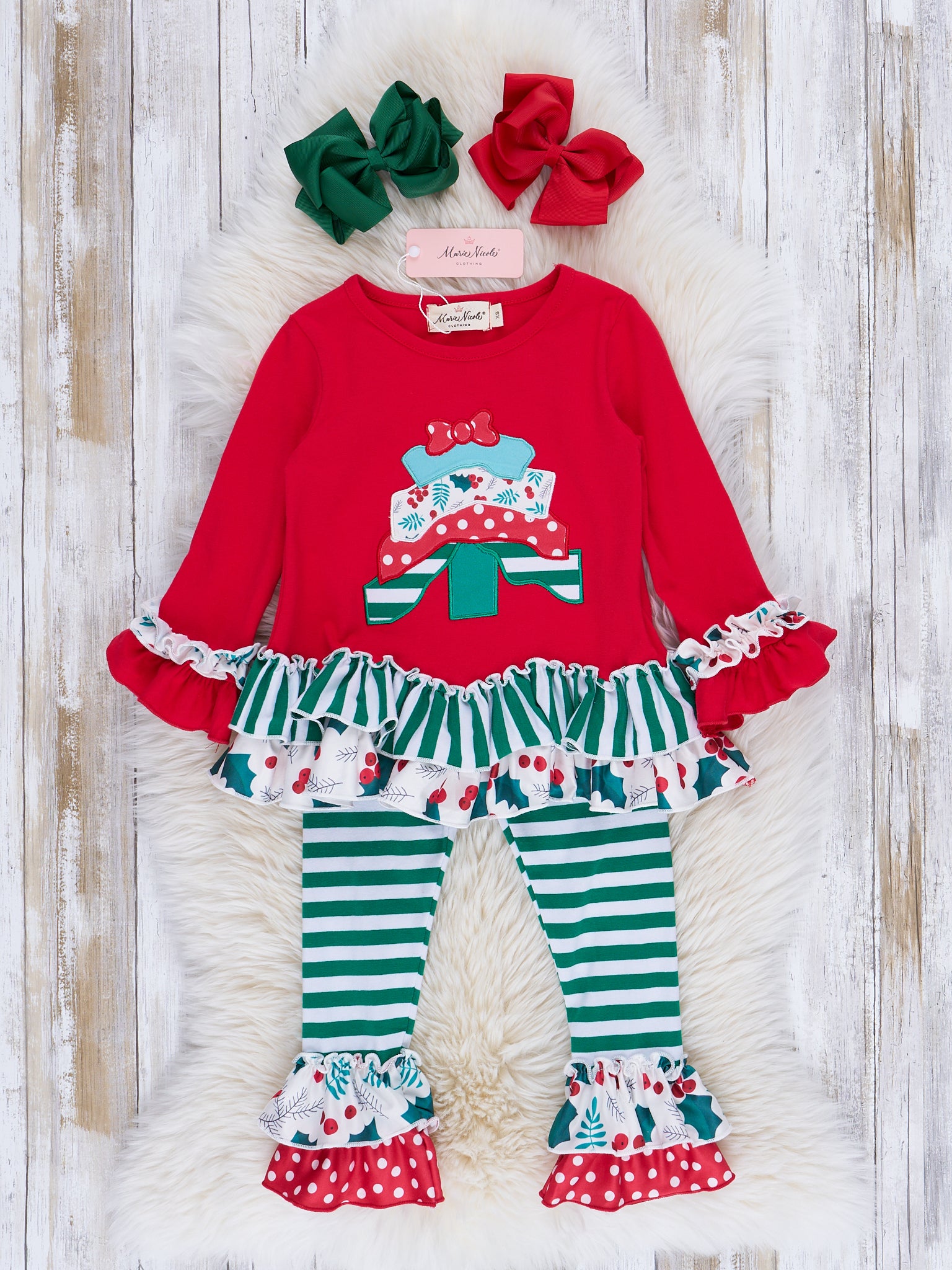Red Embroidered Holly Striped Ruffle Outfit - Marie Nicole Clothing