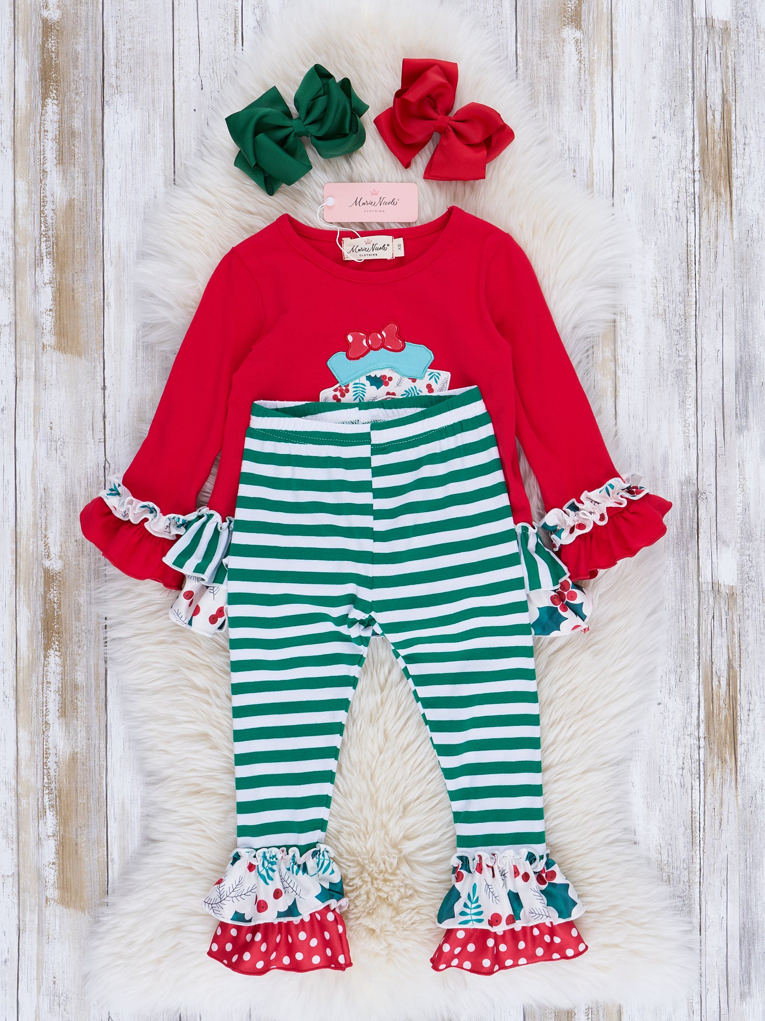 Red Embroidered Holly Striped Ruffle Outfit - Marie Nicole Clothing