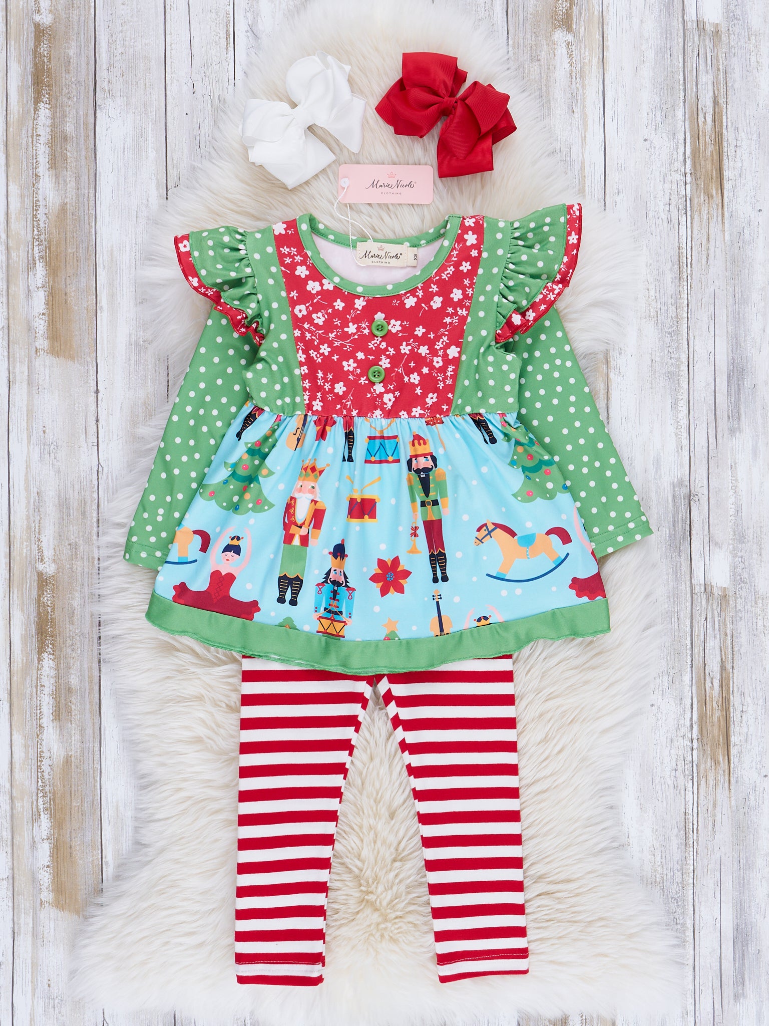 Green & Blue Dots Nutcracker Ruffle Outfit - Marie Nicole Clothing