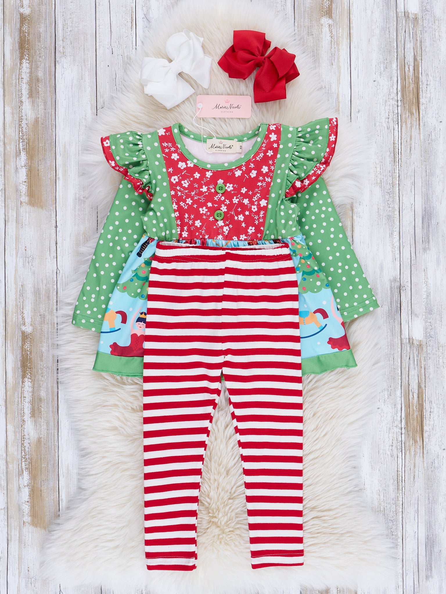 Green & Blue Dots Nutcracker Ruffle Outfit - Marie Nicole Clothing