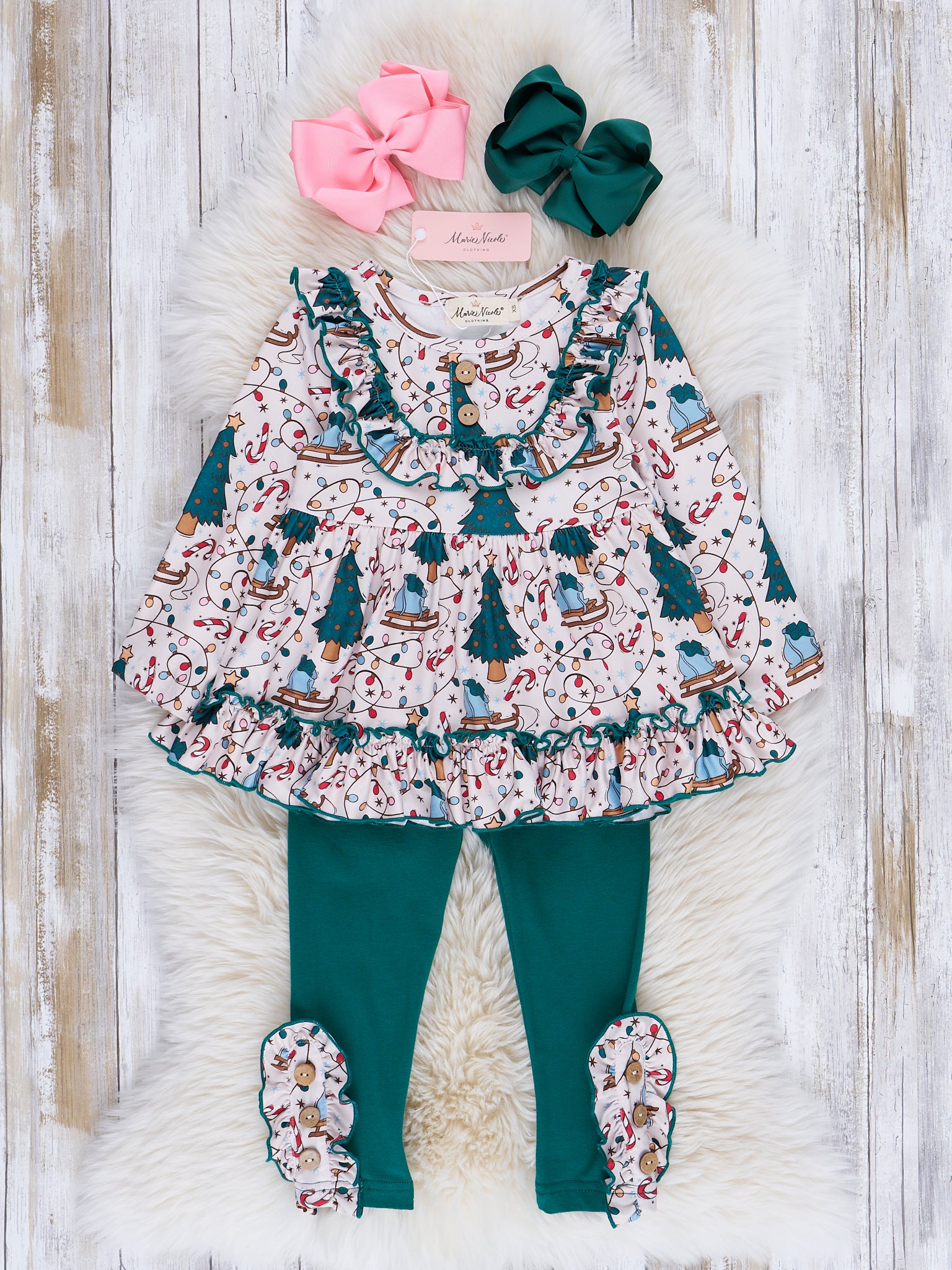 Cream & Hunter Green Christmas Ruffle Outfit - Marie Nicole Clothing