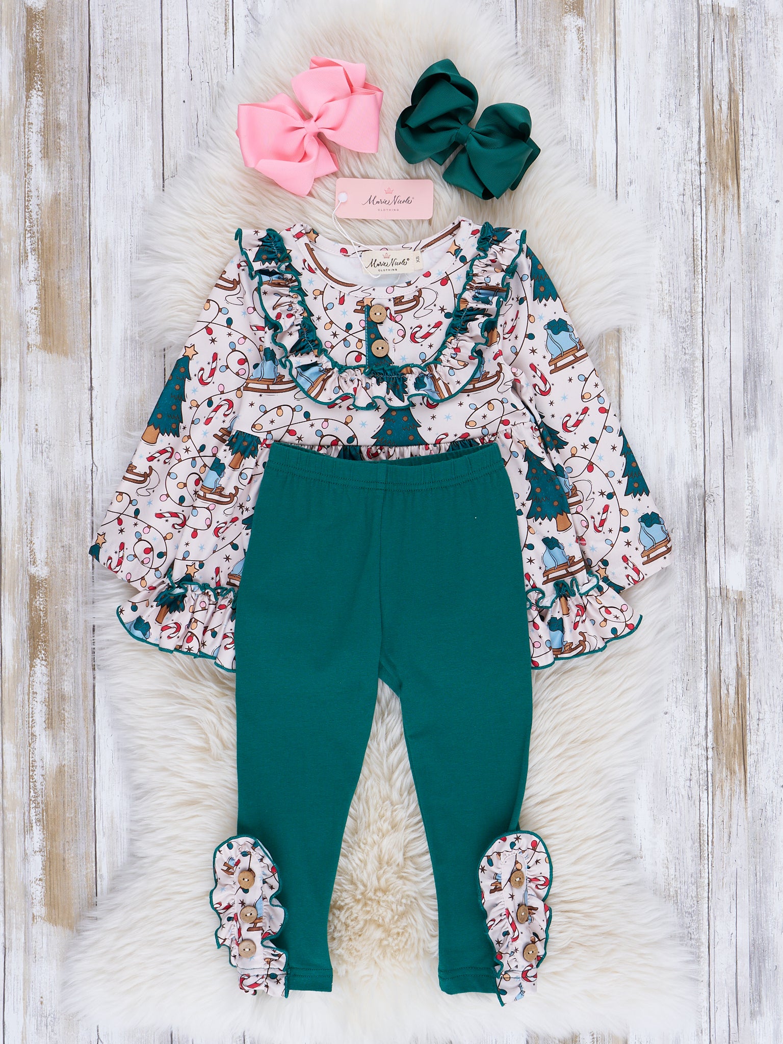 Cream & Hunter Green Christmas Ruffle Outfit - Marie Nicole Clothing