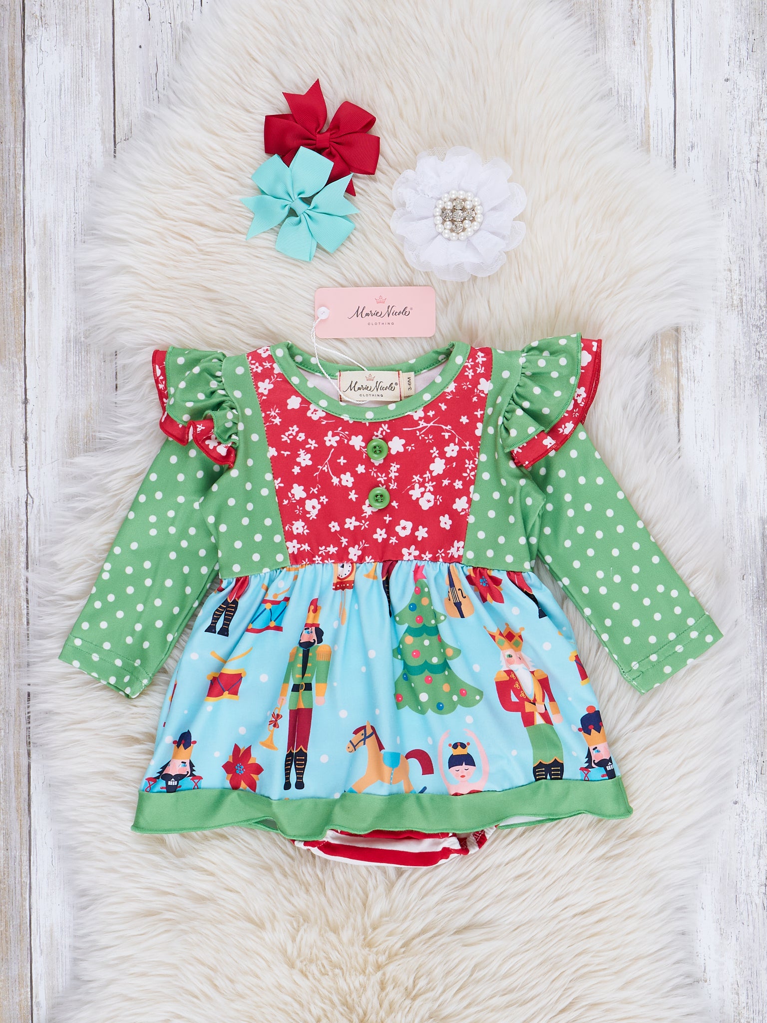 Green & Blue Dots Nutcracker Ruffle Romper - Marie Nicole Clothing
