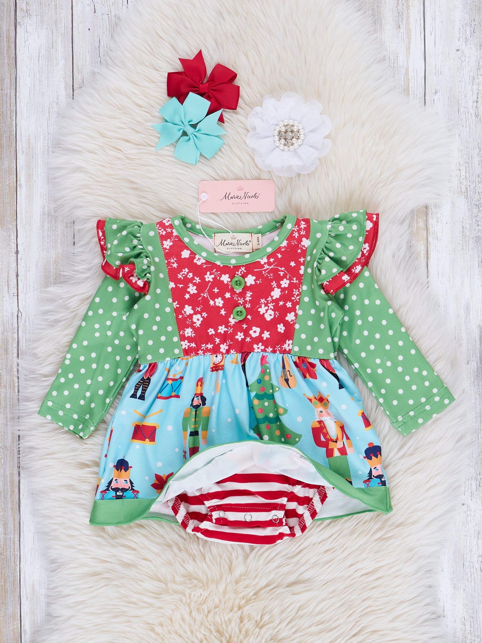 Green & Blue Dots Nutcracker Ruffle Romper - Marie Nicole Clothing